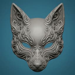 Ornate Kitsune Fox Mask - Detailed Fantasy Sculpture 3d model