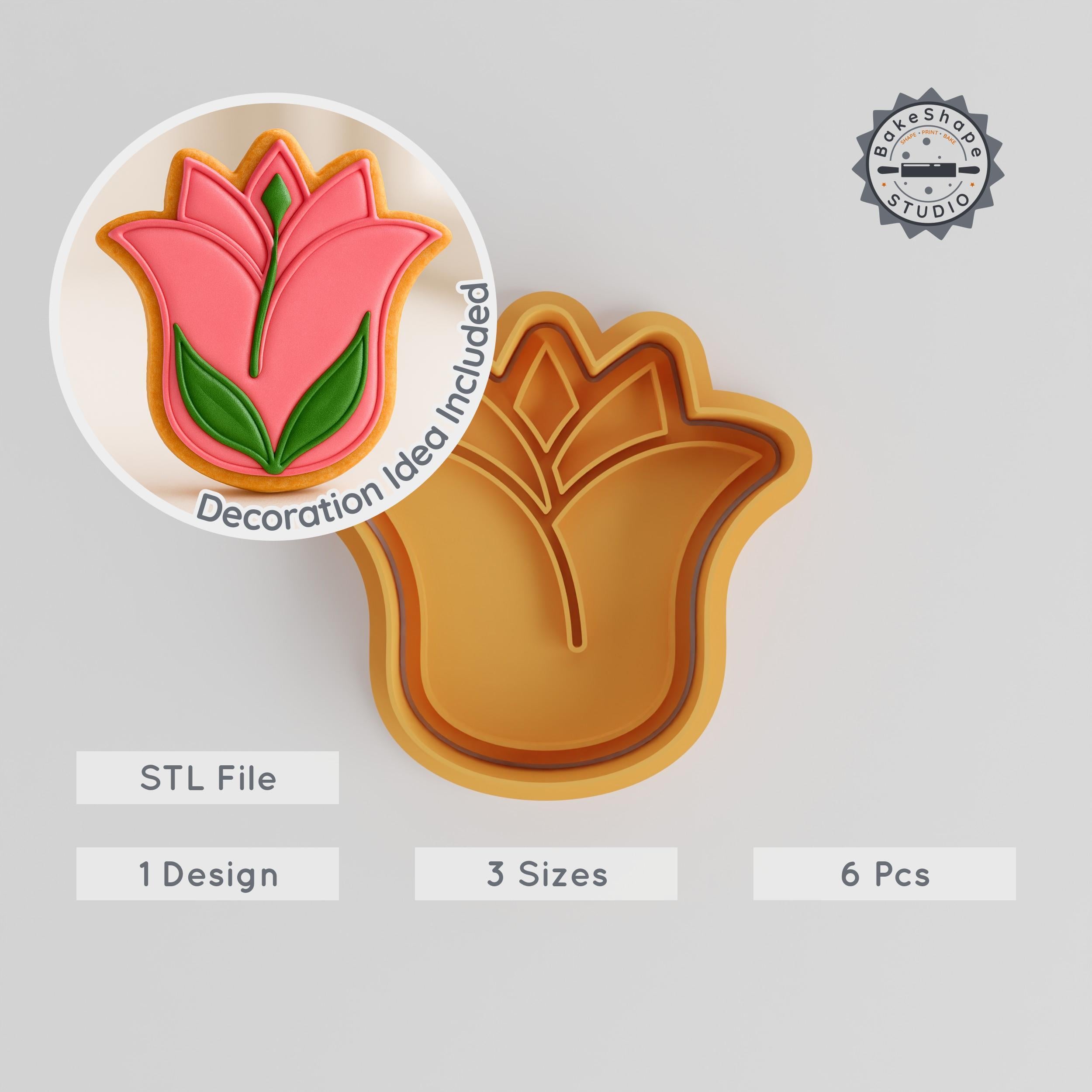 Tulip Shape Cutter & Stamp Set, Perfect for Cookies & Fondant, Floral Flower Tool, Includes 3 Sizes, S/M/L, 6 Pieces PRODUCT_12 3d model