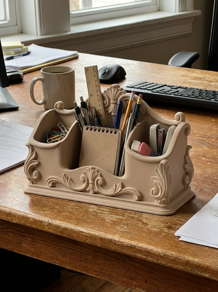 Ornate Rococo Style Baroque Desktop Organizer – Elegant Home Office Stationery Caddy 3d model