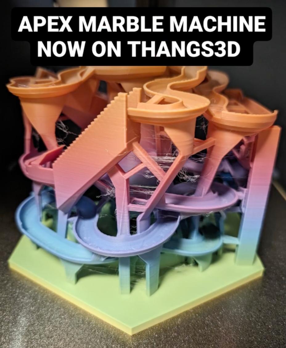 Apex - A 3d Printed Marble Machine - Haha honestly I half expected this to not work but it works!! This ended up being a VERY satisfying print and my kid really can play with it for hours. The sound of the marbles going through the machine gives you immense tactical, sensory satisfaction. 

If you're gonna print it, followed the instructions! I lowered the print speed about 50mm/s each from Bambu's default settings. 
I had to "clean" the model a bit, but with very little post-processing, the beads roll down smoothly.

I also printed the TEMPEST yesterday and that one I would recommend increasing the scale a little bit. It does work by default too though but it required more post-processing on my part and smaller beads.

Both times, I wish I did "ironing" on top surfaces but it is not required.  Steel bearings would probably flow smoother, but 8mm jewelry beads worked fine for me.

HAVE FUN, MARBLE LORDS AND QUEENS! - 3d model