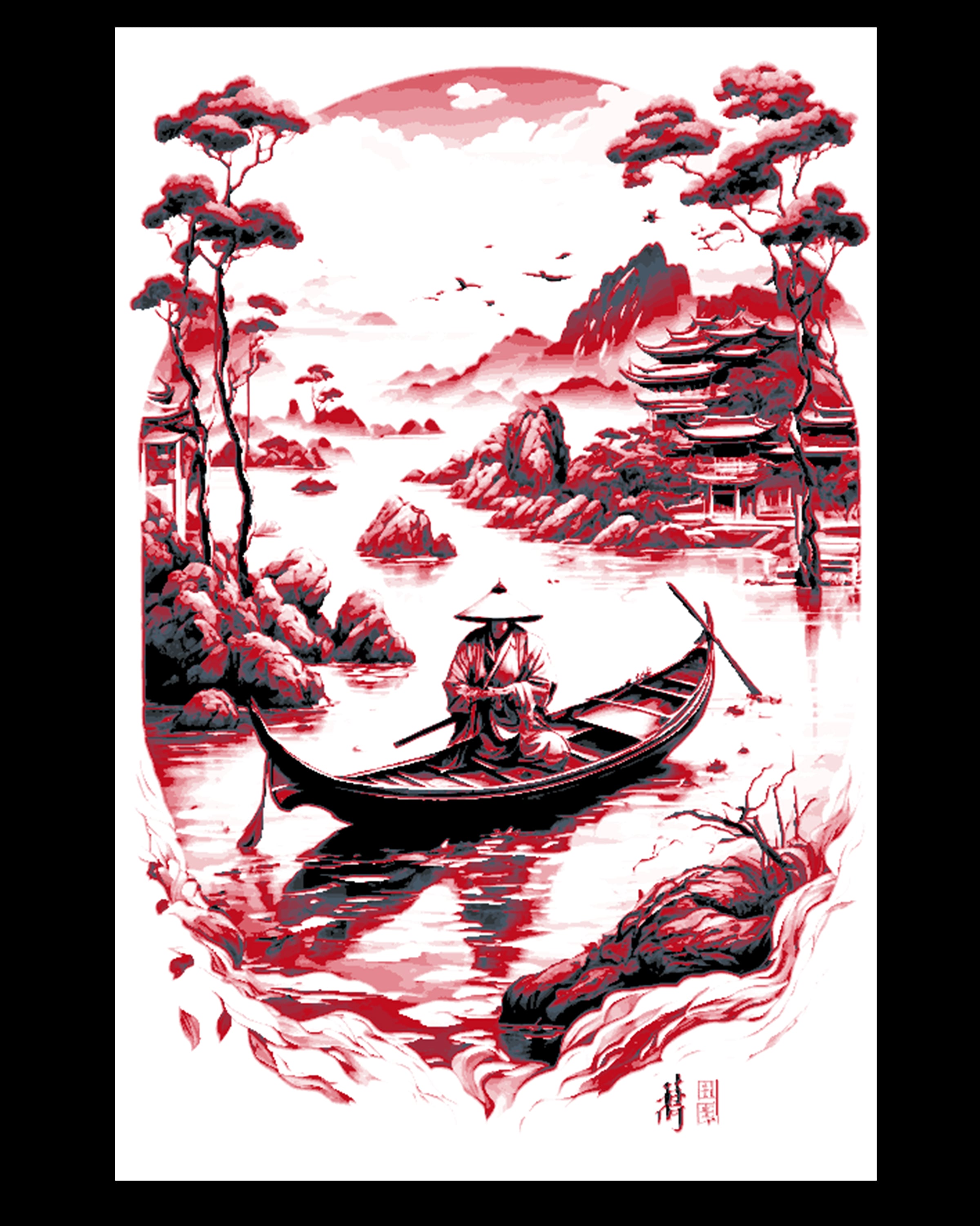 Asian Artistic work - boat on the water with temples around - hueforge 3d model
