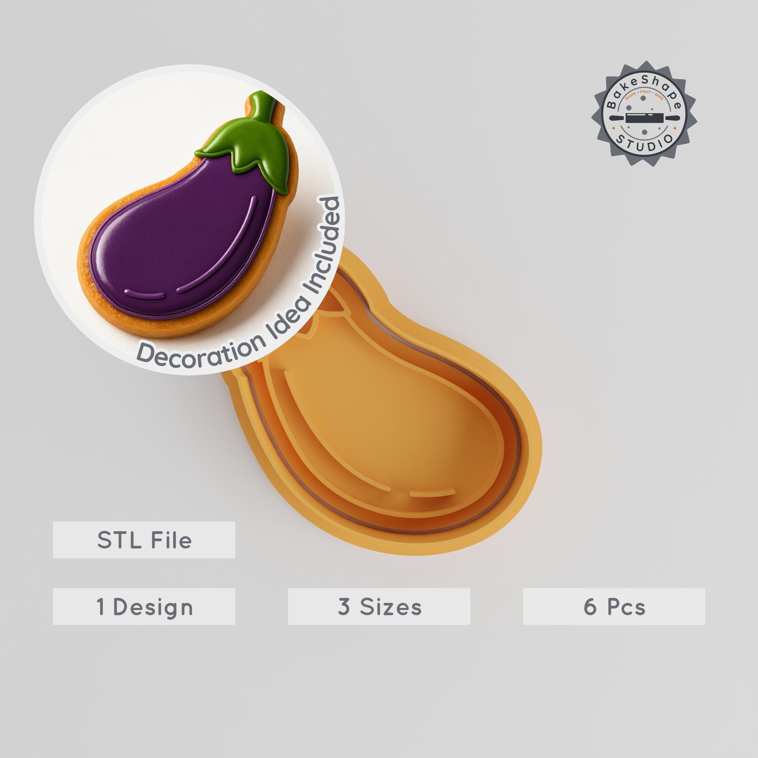 Eggplant Shape Cutter & Stamp Set, 6-Piece Cookie & Fondant Tool, Veggie, Organic Vegetable, S/M/L Sizes, Baking Decoration PRODUCT_1054 3d model