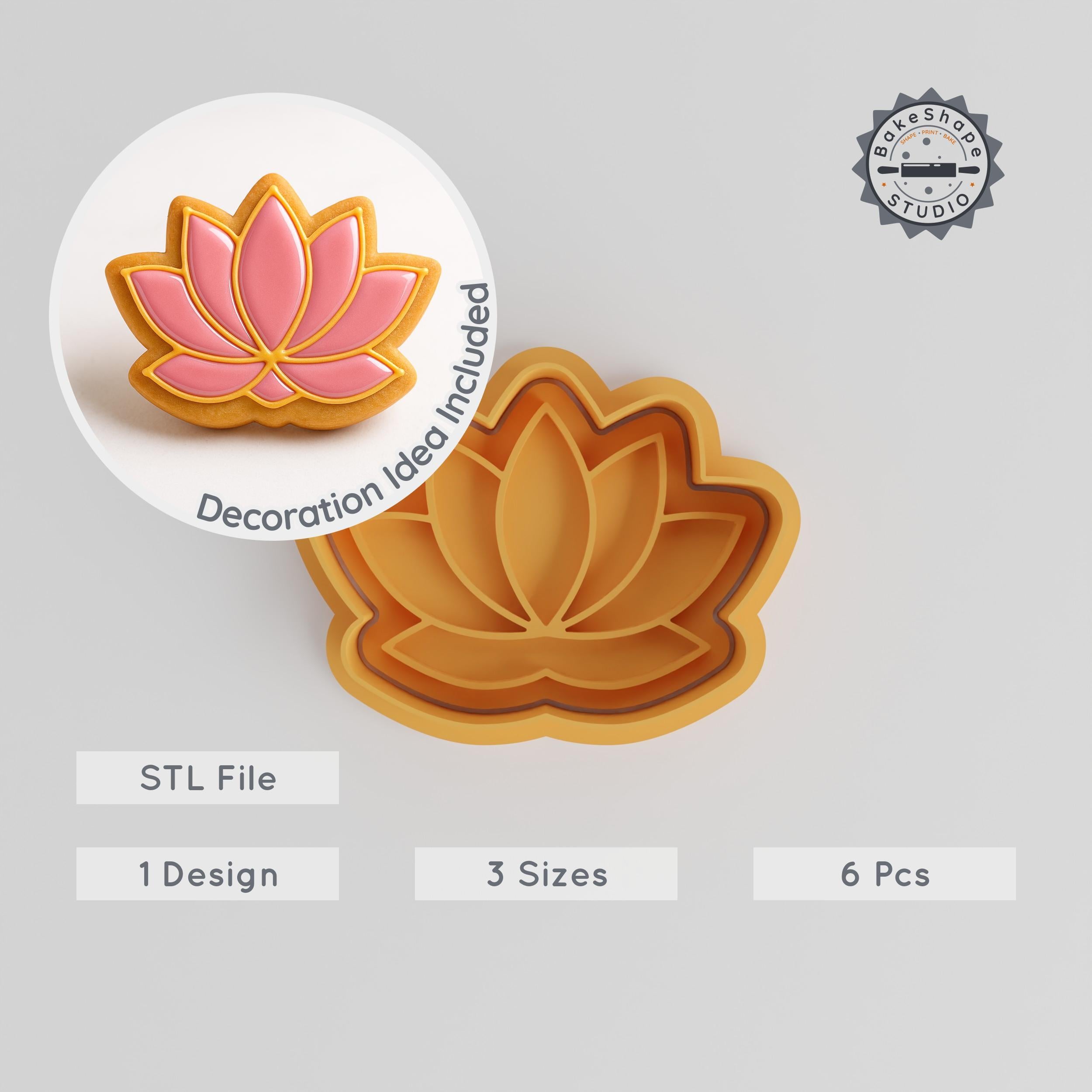 Lotus Shape Cutter & Stamp Set, Sacred Flower Cookie & Fondant Decor Tool, 3 Sizes, 6 Pieces PRODUCT_2205 3d model