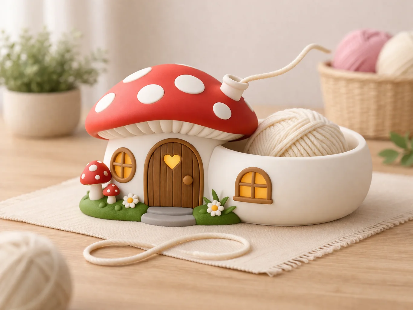 Mushroom House Yarn Bowl STL โ Cute Yarn Holder 3D Print โ Knitting & Crochet Organizer โ Cozy Cotta 3d model