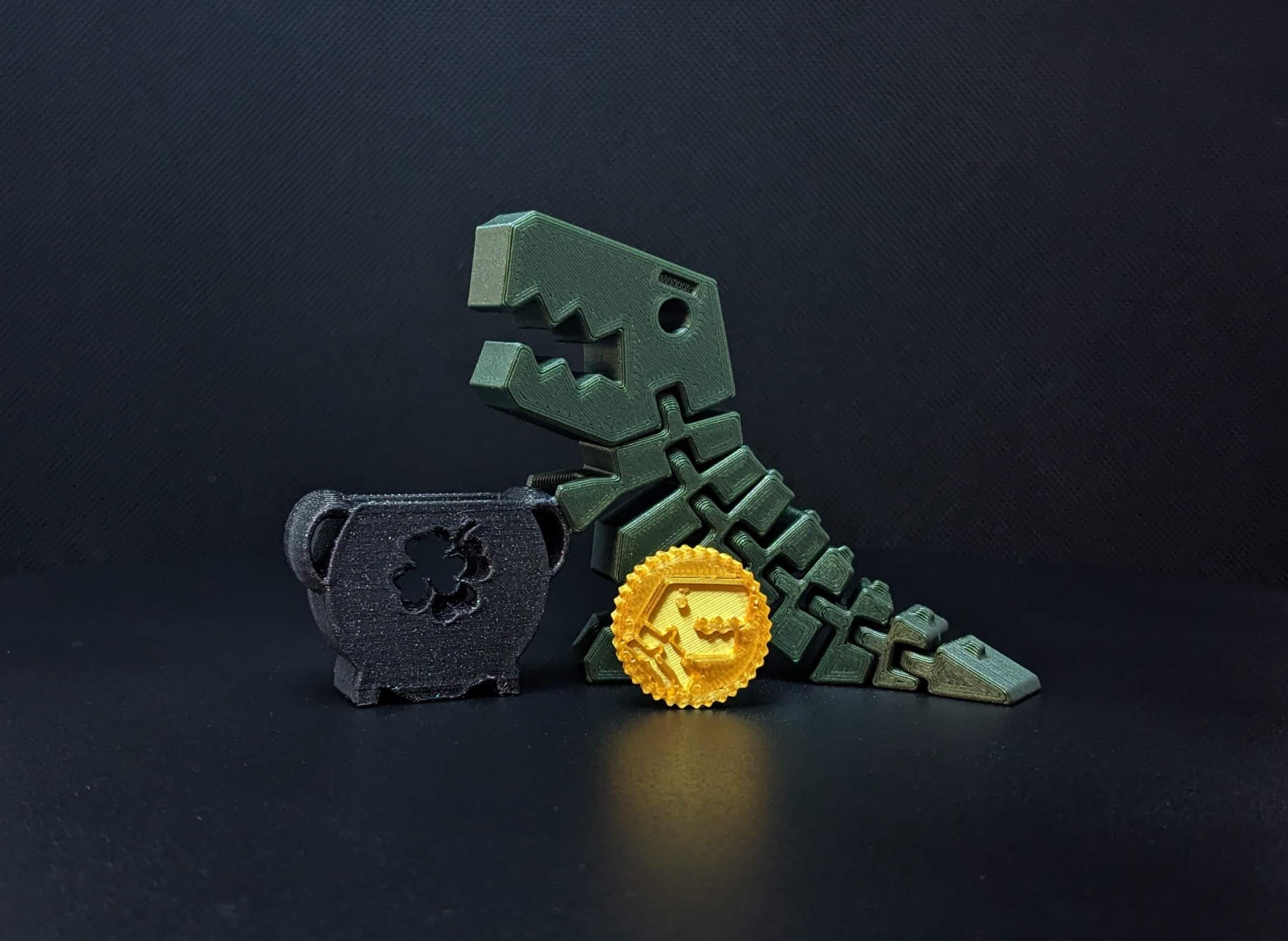 Flexi Rex Pot of Gold St. Patrick’s Day - 0.4 Nozzle on 0.2 LH with 10% infill. Made here with Polymaker PolyLite PLA "Galaxy Black", "LM Sparkle Green", and "Silk Gold". - 3d model