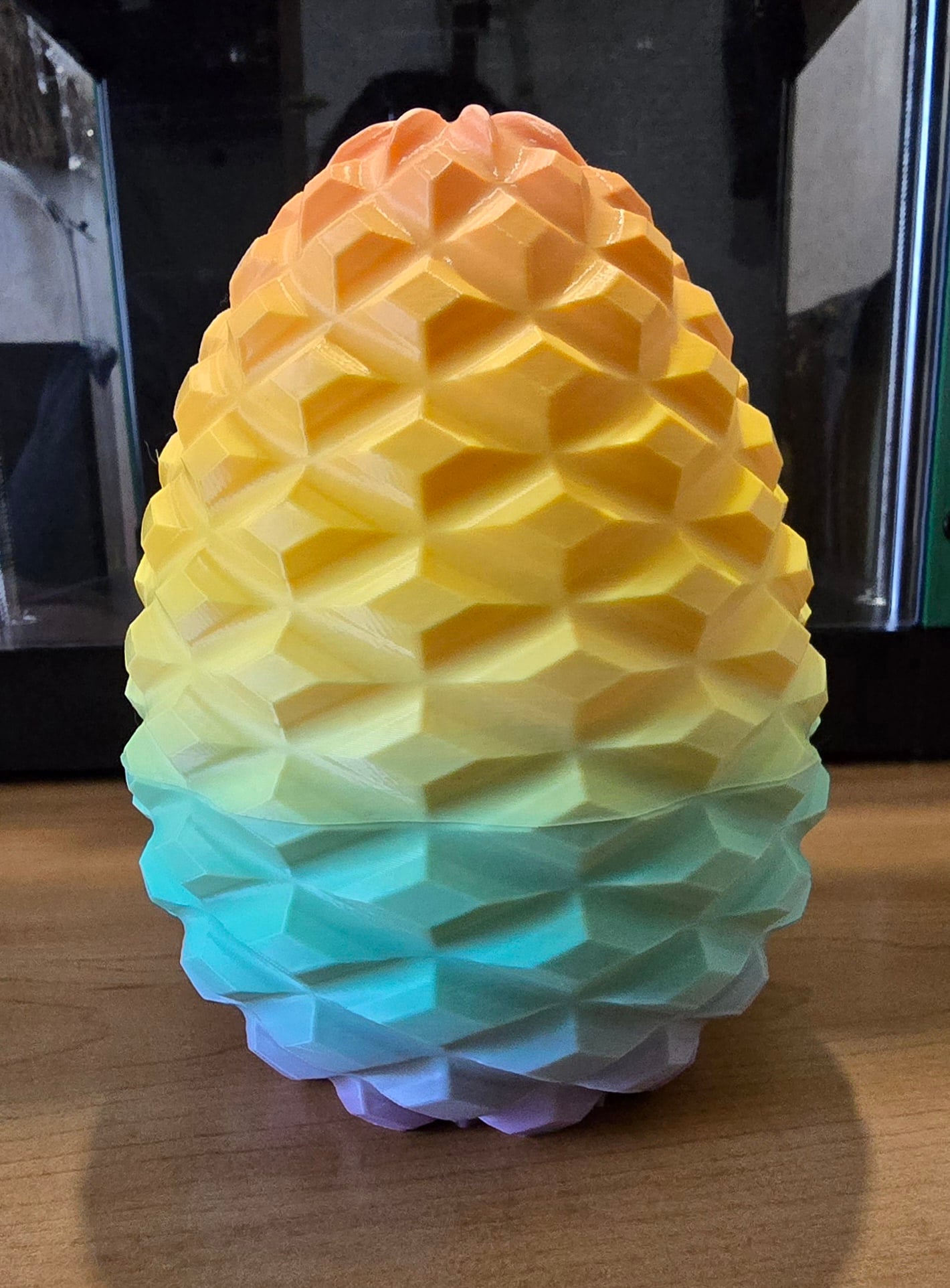 Very impressed and satisfied with the Zane I did scale it down some I believe to 75%. Weed had previously printed a larger dragon so I'd suppose that I kept it at the initial size it would have encapsulated the dragon. We ended up printing a tinier scaled down version of a crystal dragon that fits perfectly inside this egg. I look forward to trying a print of this with metallic PETG. I'm also looking forward to trying other egg prints that you have available because this one came out awesome.