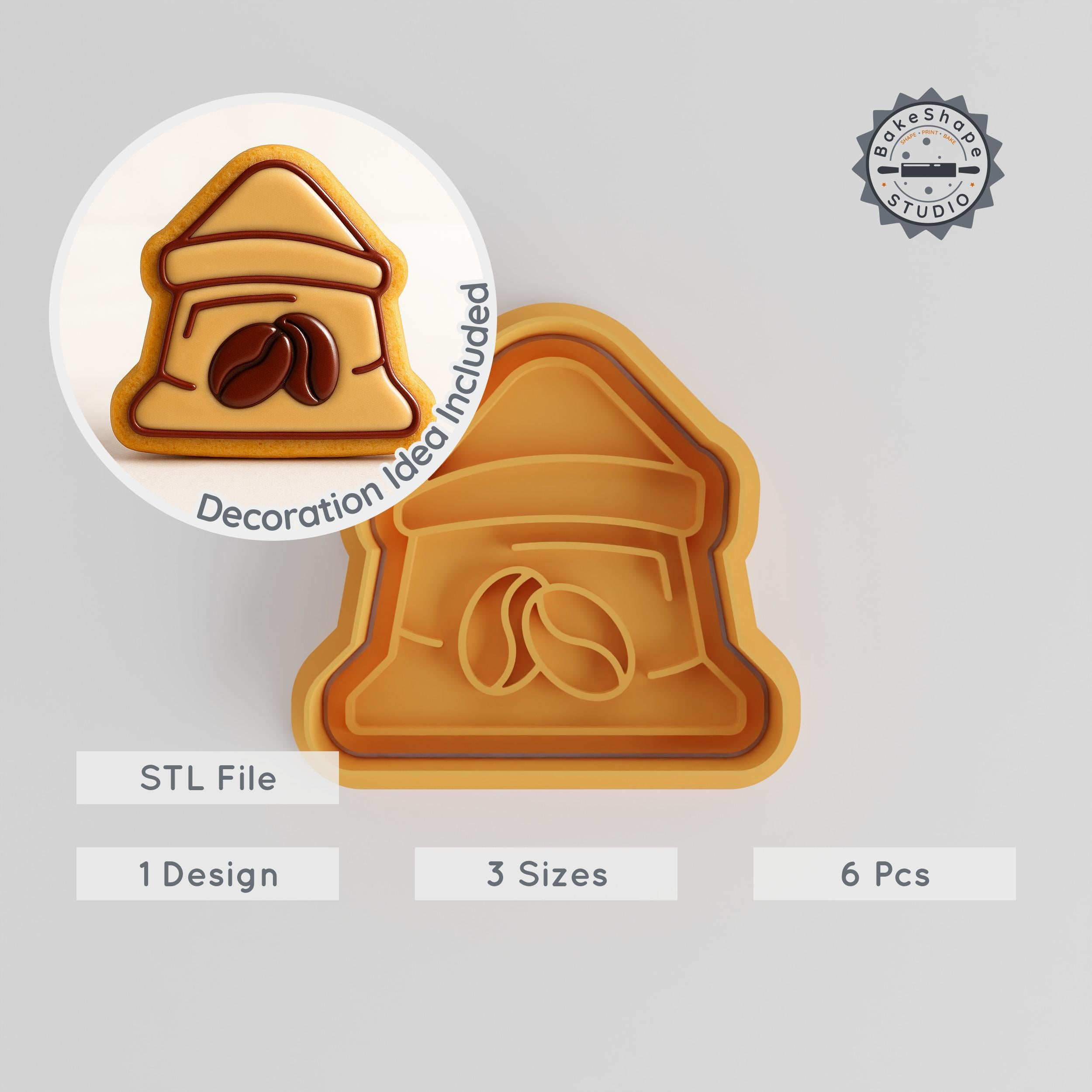 Coffee Bean Sack Cookie Cutter & Stamp Set, 6-Piece, Breakfast, Fondant, S/M/L Sizes PRODUCT_1048 3d model