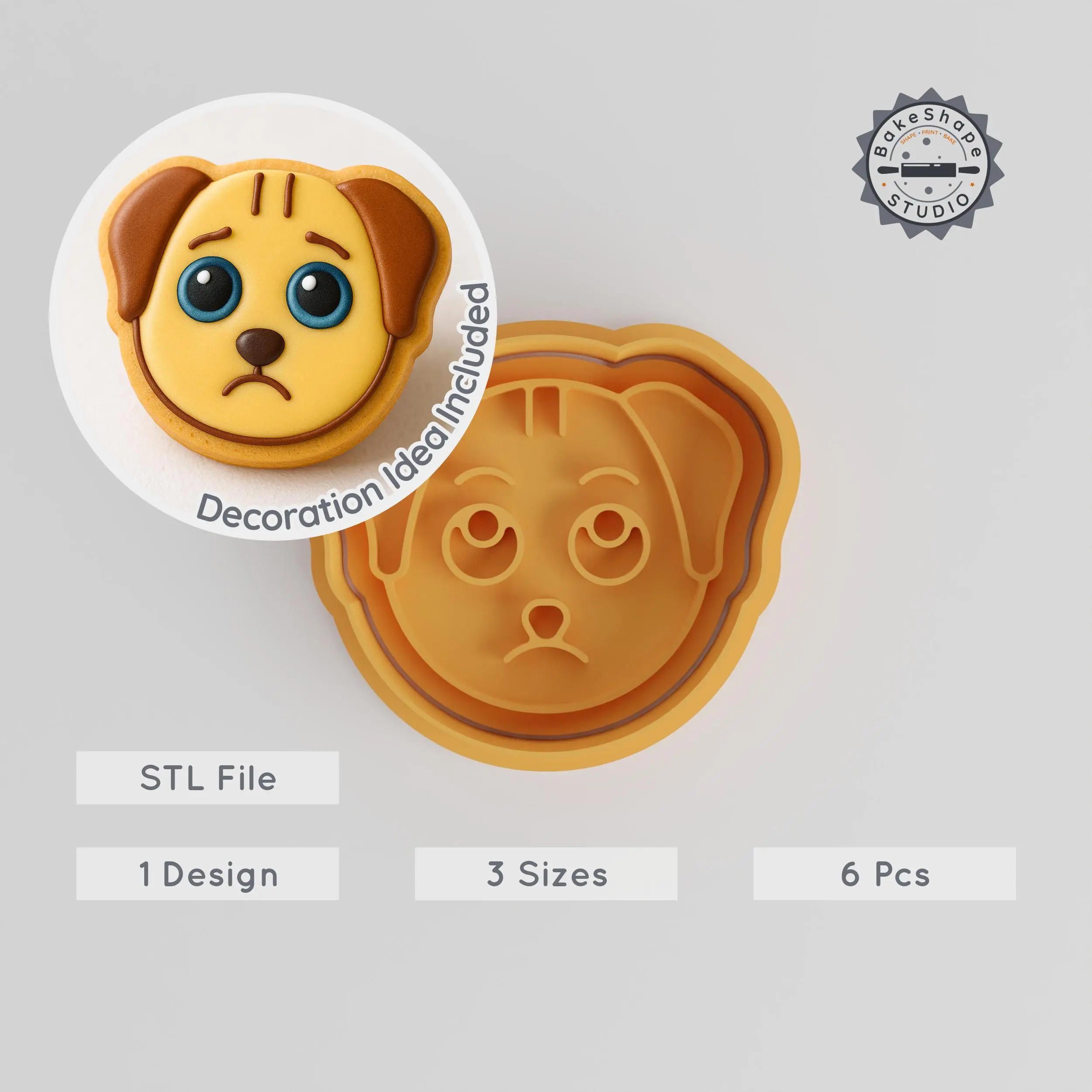 Sad Dog Cookie Cutter & Stamp Set, Animal Biscuit Molds for Fondant, 6 Pieces, Sizes S/M/L PRODUCT_880 3d model