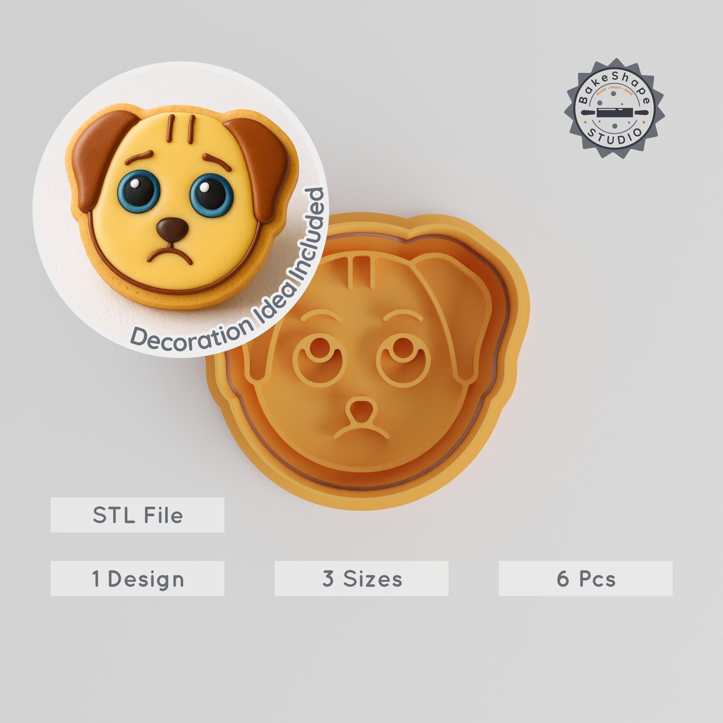 Sad Dog Cookie Cutter & Stamp Set, Animal Biscuit Molds for Fondant, 6 Pieces, Sizes S/M/L PRODUCT_880 3d model