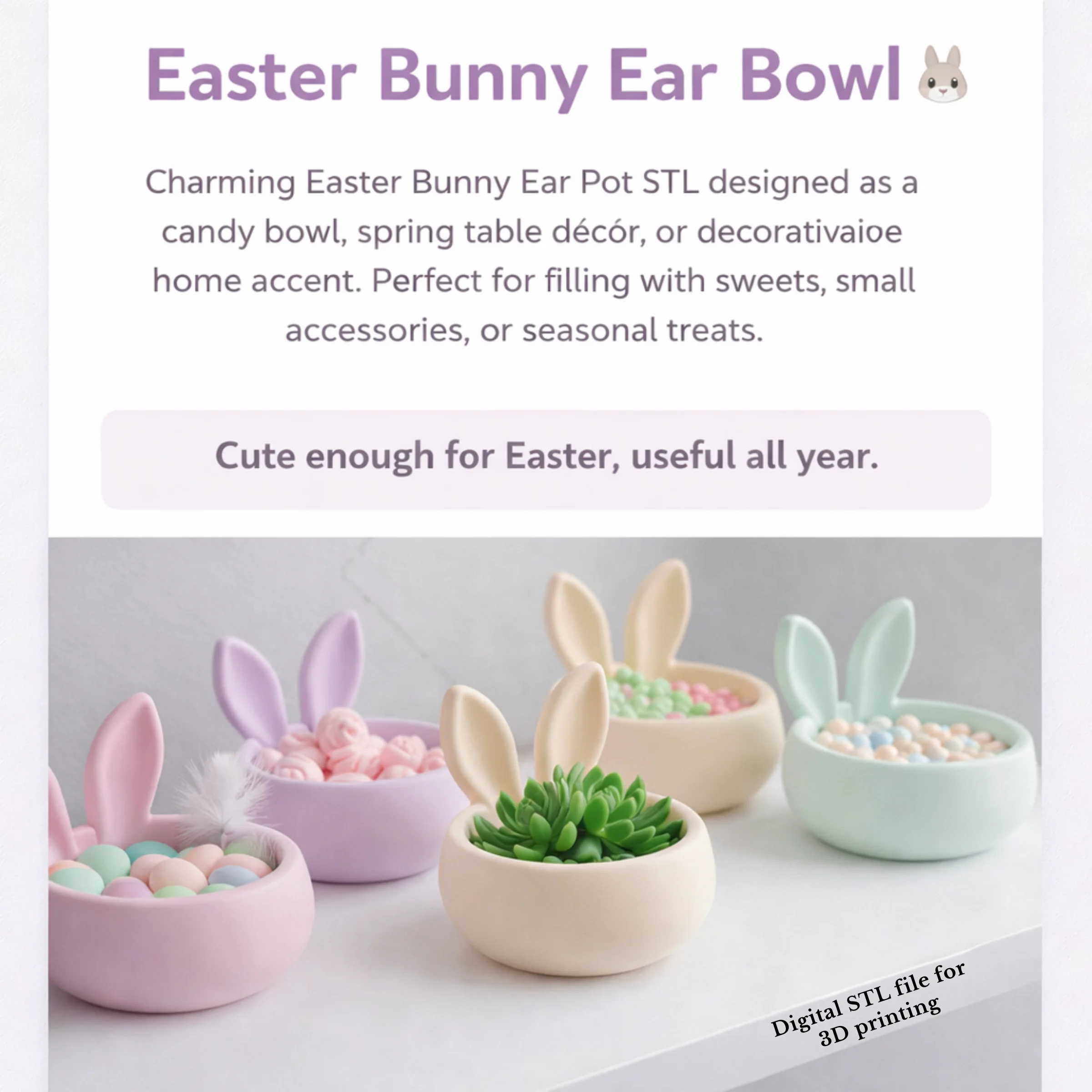 Easter Bunny Ear Pot STL-Candy Bowl-Spring-Table Décor-Plant Holder 3d model