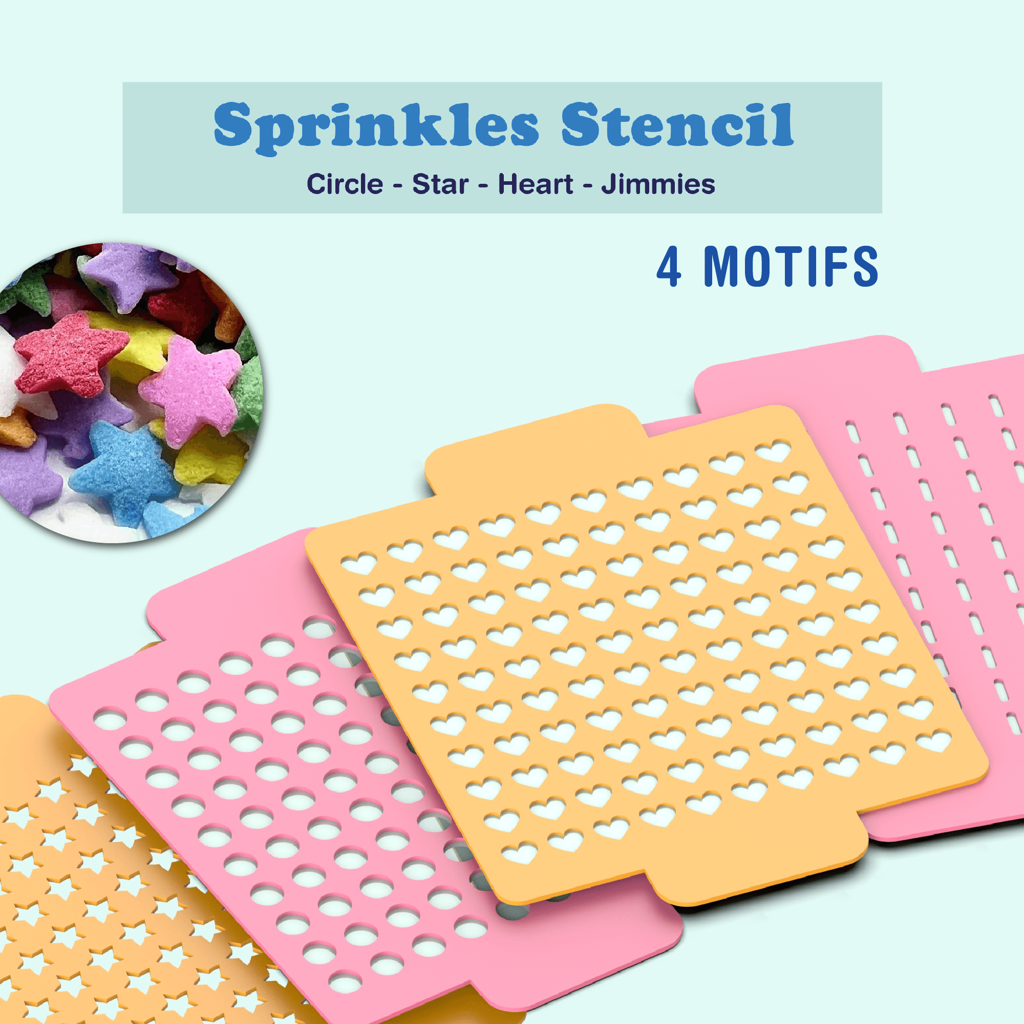3D Sprinkles Stencil Set, 4 Motifs (Circle, Star, Heart, Jimmies) for Cake, Cookie - Fondant Decor 3d model