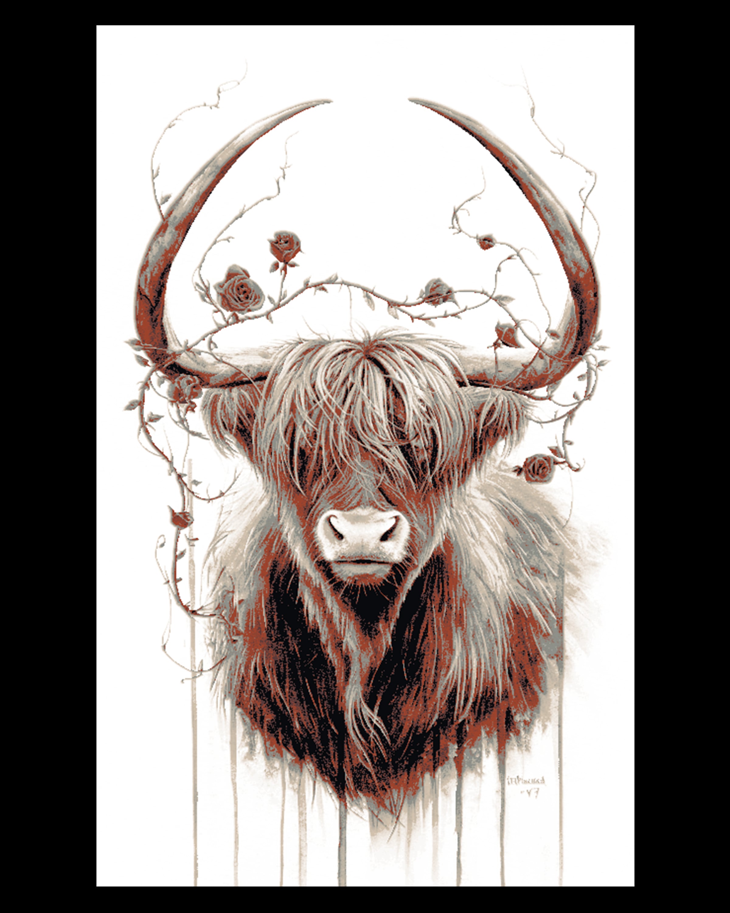 Artistic Depiction of a Highland Bull caught up with Roses - Hueforge Art 3d model