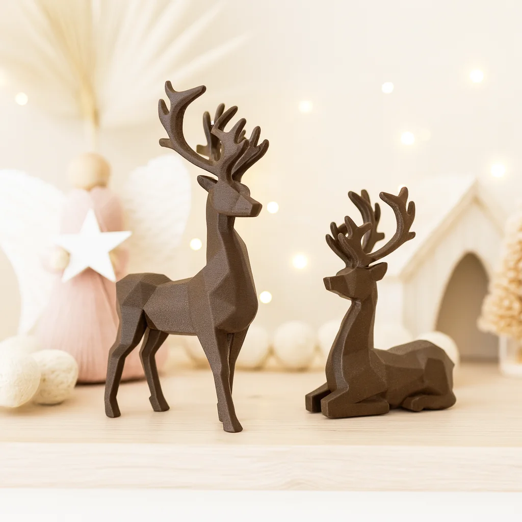 Low Poly Deer Set: 2 pcs. | Christmas Reindeer Figurines | Nordic Style Doe Holiday Tabletop Decor 3d model