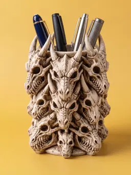 Stacked Dragon Skulls Pen Holder - Fantasy RPG Bone Cup & Desk Organizer 3d model