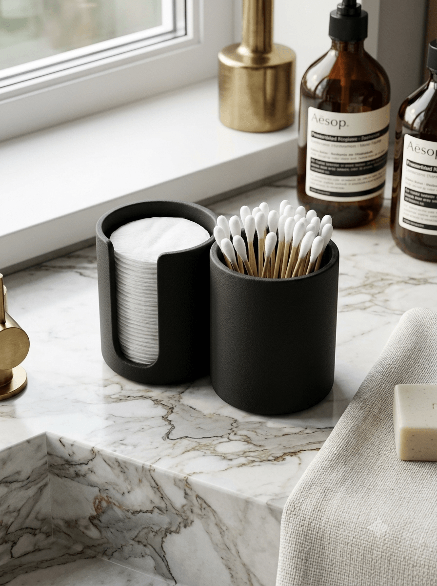 Minimalist Matte Black Dual Bathroom Organizer - Modern Cotton Pad Dispenser & Vanity Cup 3d model