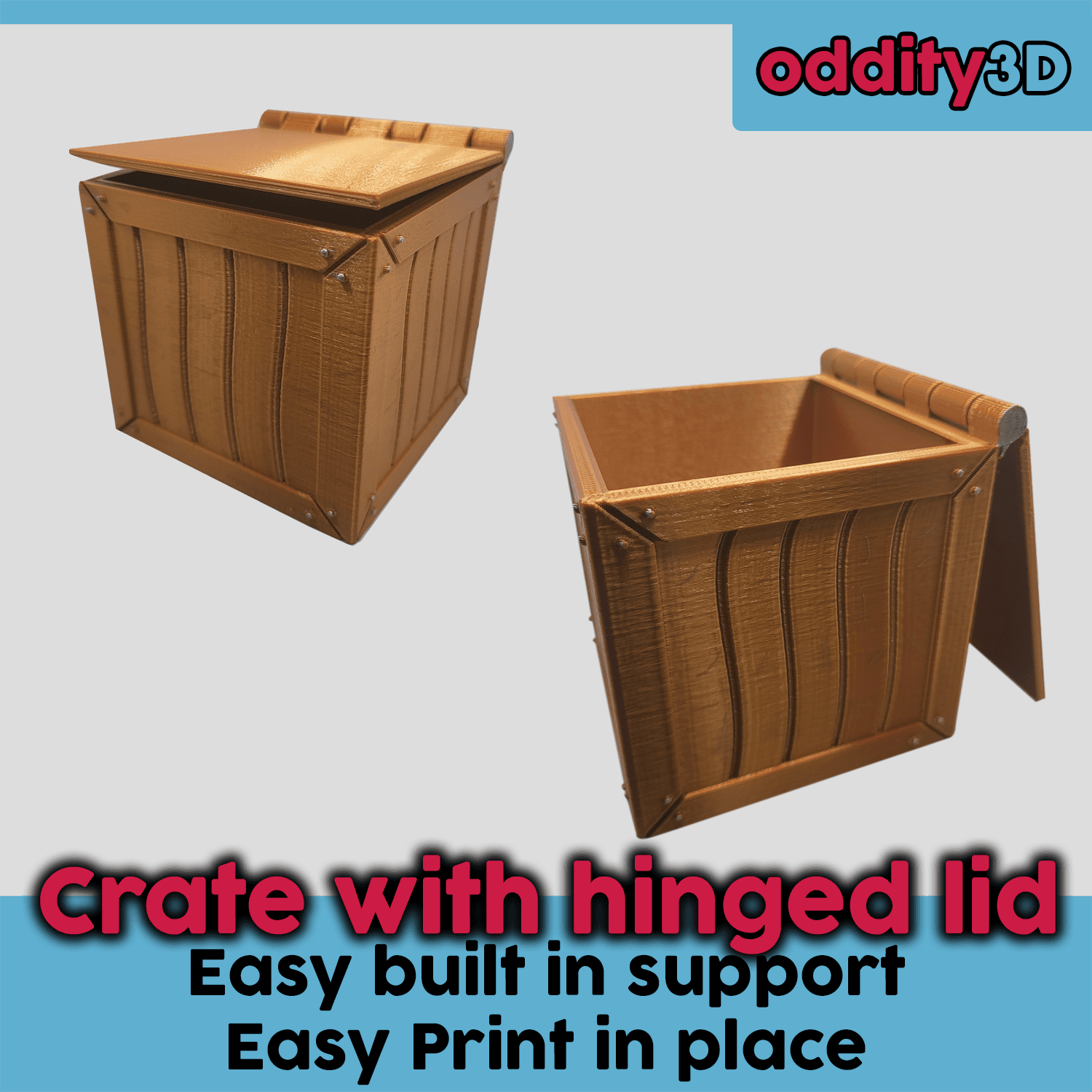 Shipping Crate With Print In Place Hinged Lid (easy print) 3d model
