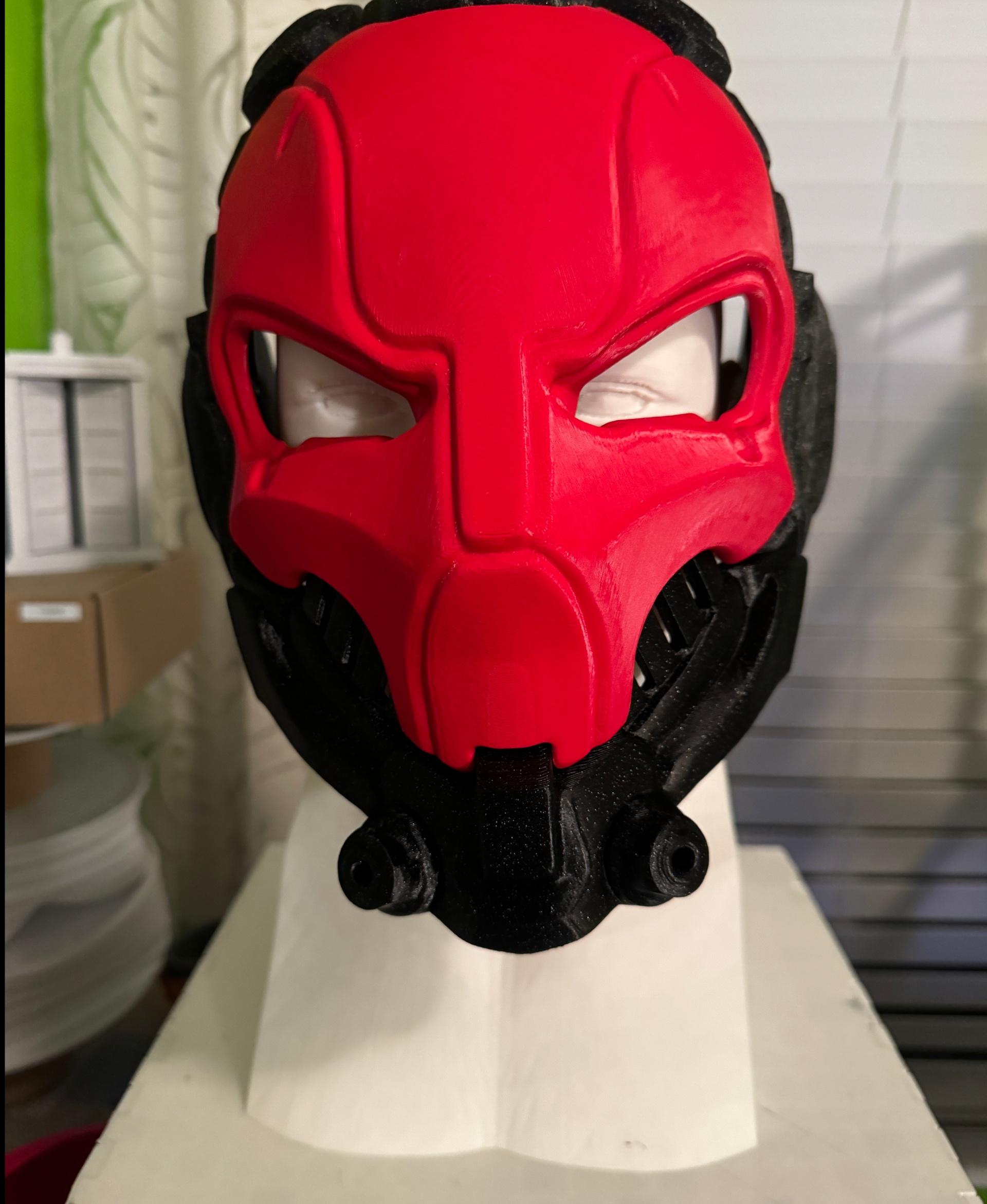 Cyber Skull Helmet - Wearable  - Printed in Polymaker Polylite Galaxy Black and Wine Red PLA; displayed on a life-size mannequin head (also printed about two years ago). This one wouldn't fit in my light box, so you get it this way.

Love this mask! I want to rig it with lights. - 3d model