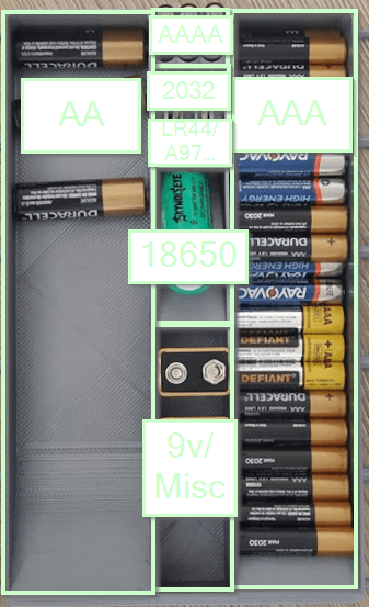 Gridfinity 3x5 Ultimate Battery Holder (AA, AAA, AAAA, 2032, LR44, A97, 18650, 9v) 3d model