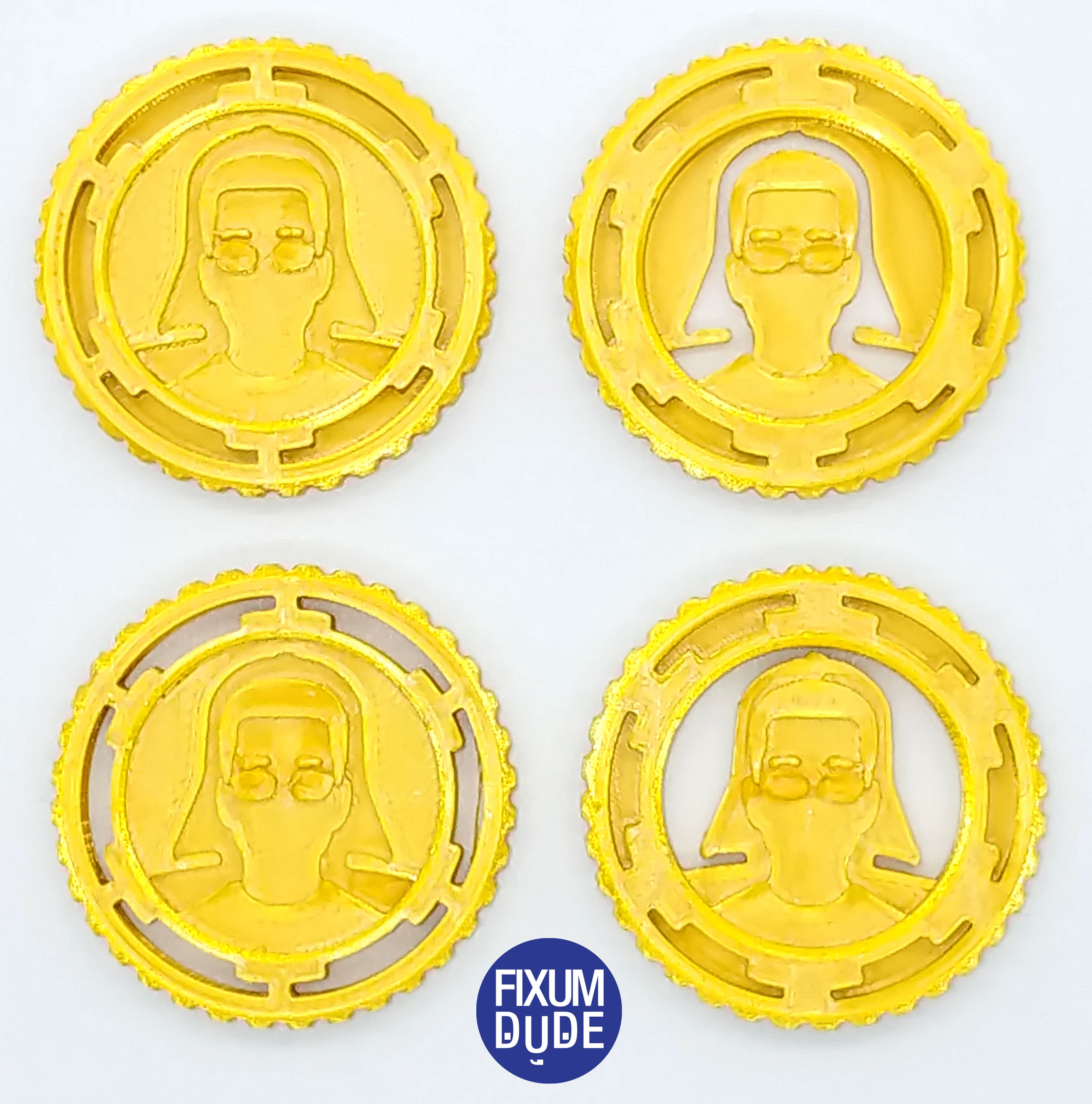 Coin Fronts. Printed at 0.1 mm Layer height in SUNLU Silk Light Gold PLA on the Ender 5 Plus