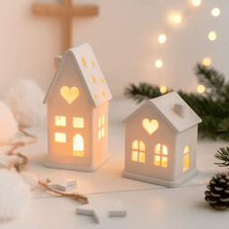 Christmas House Candle Holder Set | 2 pcs Cozy Village Decor | Heart Window Design 3d model