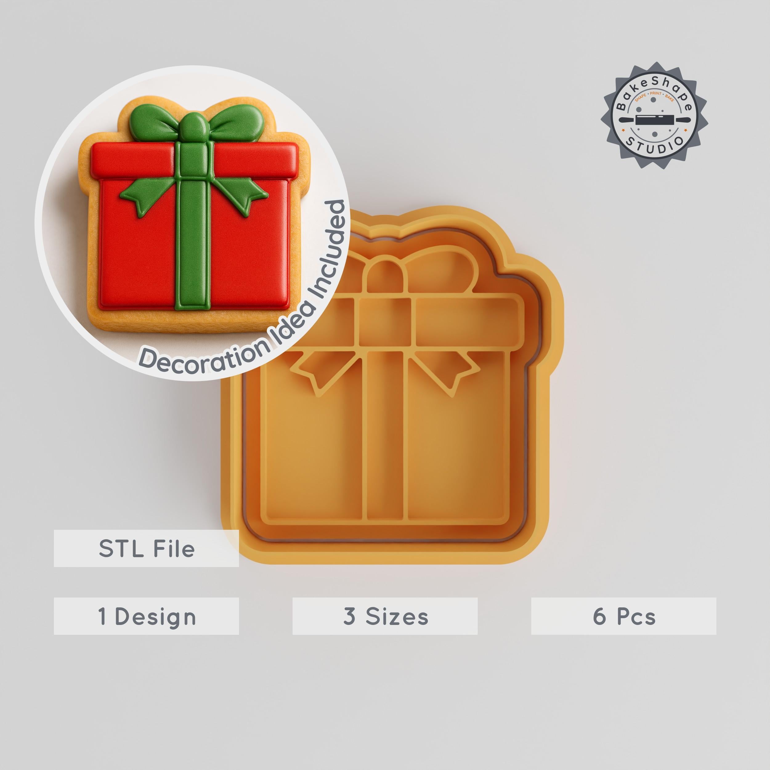 Gift Box Shape Cutter & Stamp, Cookie Fondant Set, Present Ribbon Designs, Sizes S/M/L, 6-Piece Collection PRODUCT_40 3d model