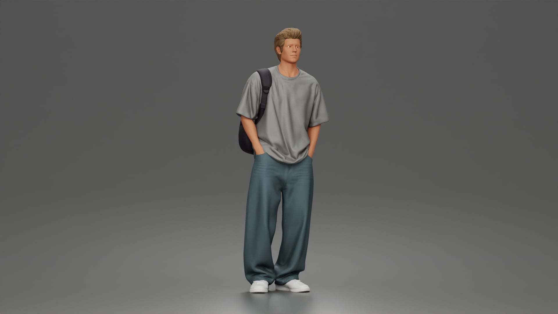 Student standing with backpack wearing oversized tee and baggy jeans 3d model