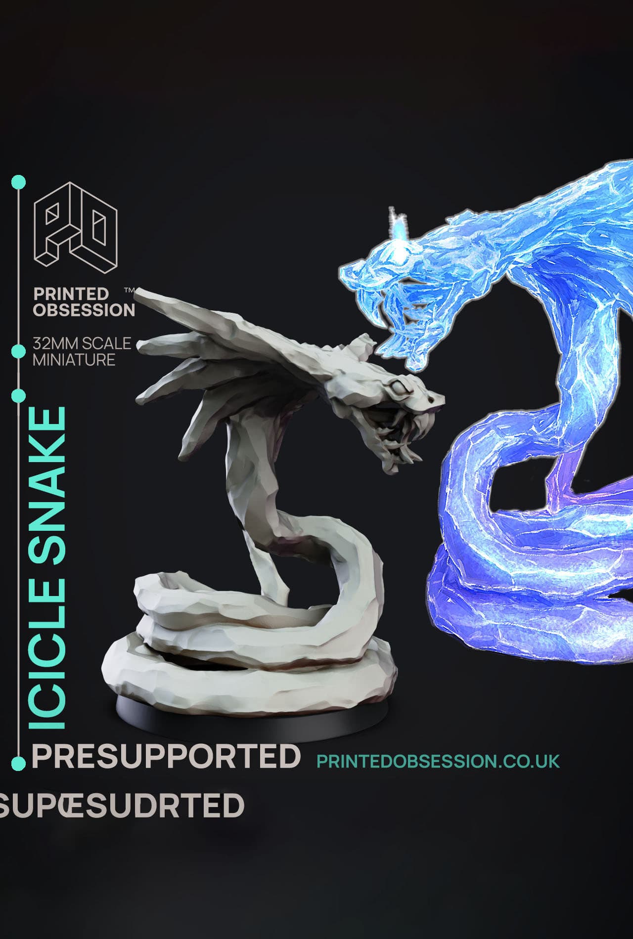 Icicle Snake - Elemental Familars - PRESUPPORTED - Illustrated and Stats - 32mm scale 3d model