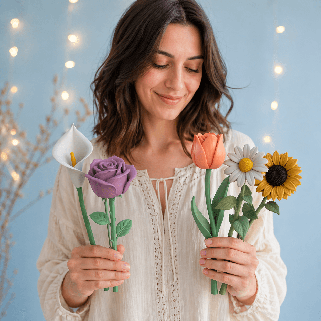 Multicolor Flower Decor Bundle | 5 Different Bloom Designs | Modular Stem Assembly 3d model
