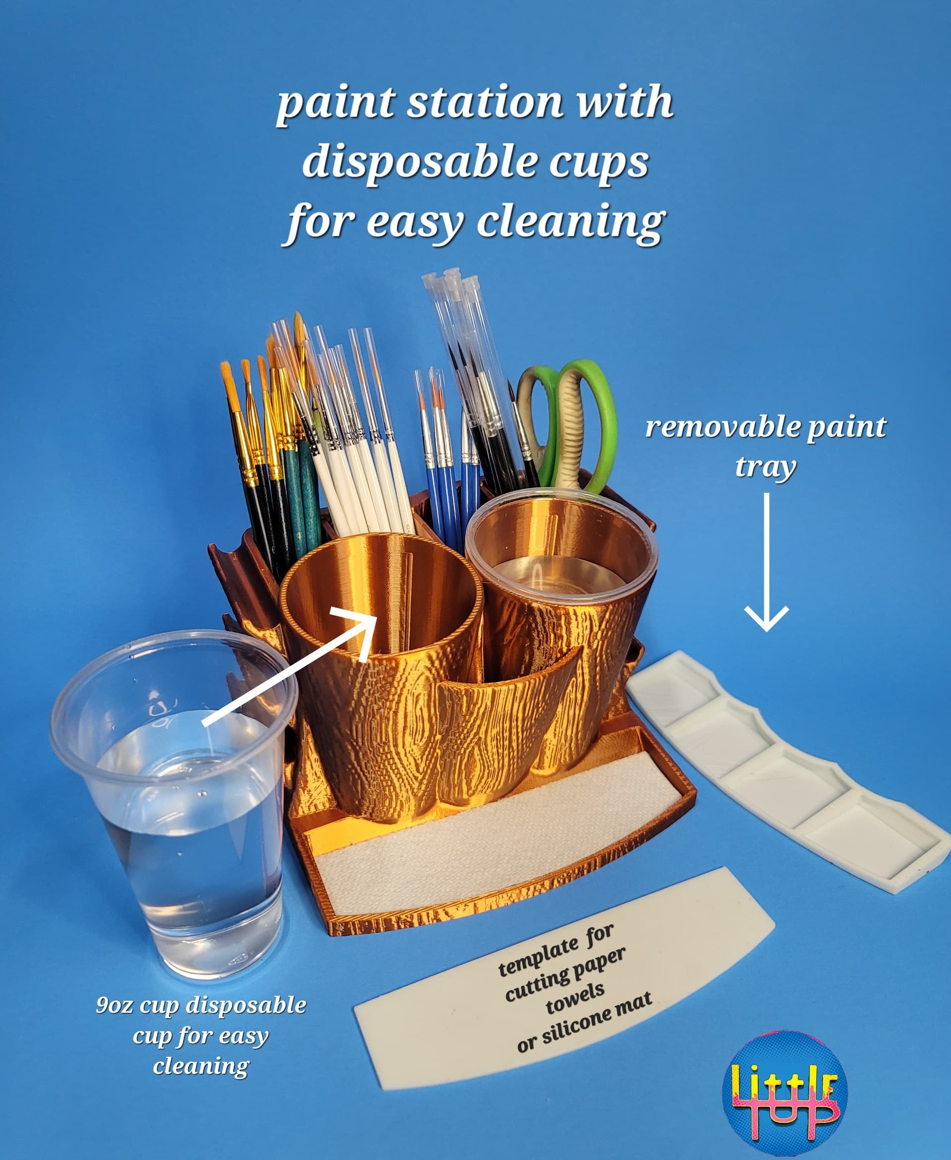 Wooden paint station works with 2 disposable 9oz. water cup for eazy cleaning 3d model
