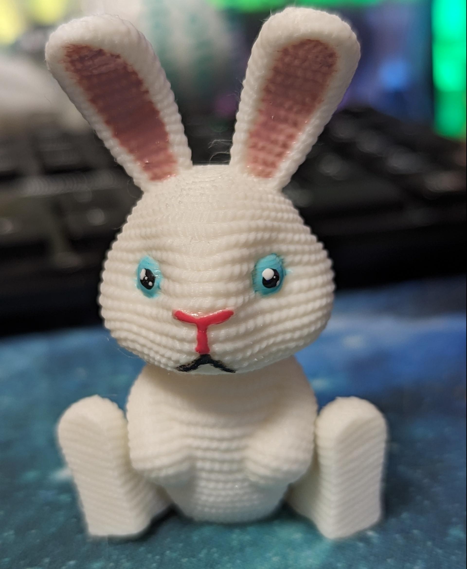 Flexi Crochet Bunny - I painted this guy with gel nail polish cured under an LED. Printed on my Ender 3 V2 Neo, with white Ziro PLA filament, at 50% size. He doesn't stand on his own two feet (balance issues, you know?), but he is cute so we'll forgive him. - 3d model