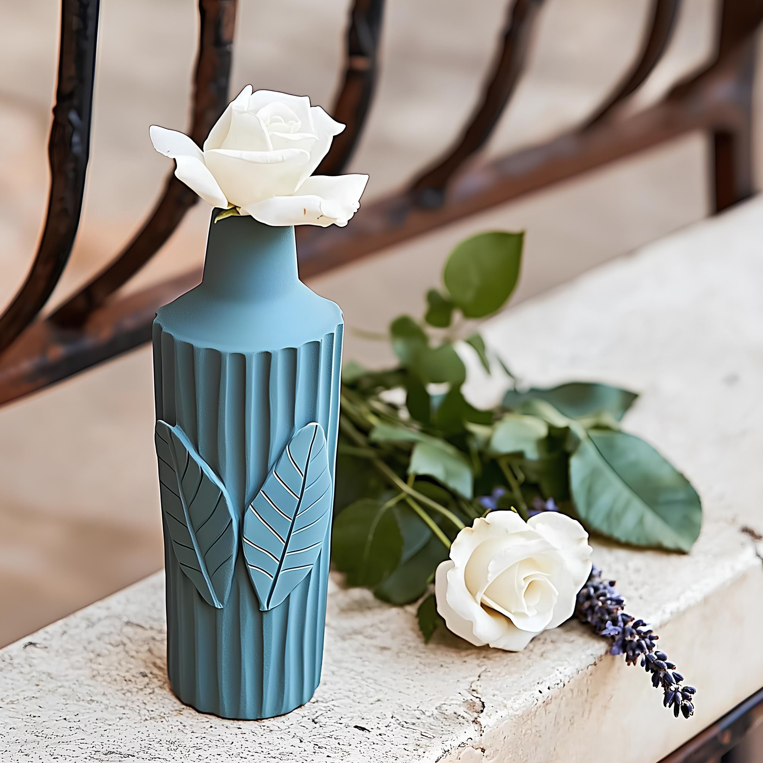 Leafline Vase – Ribbed Turquoise Vase with Leaf Relief Design 3d model