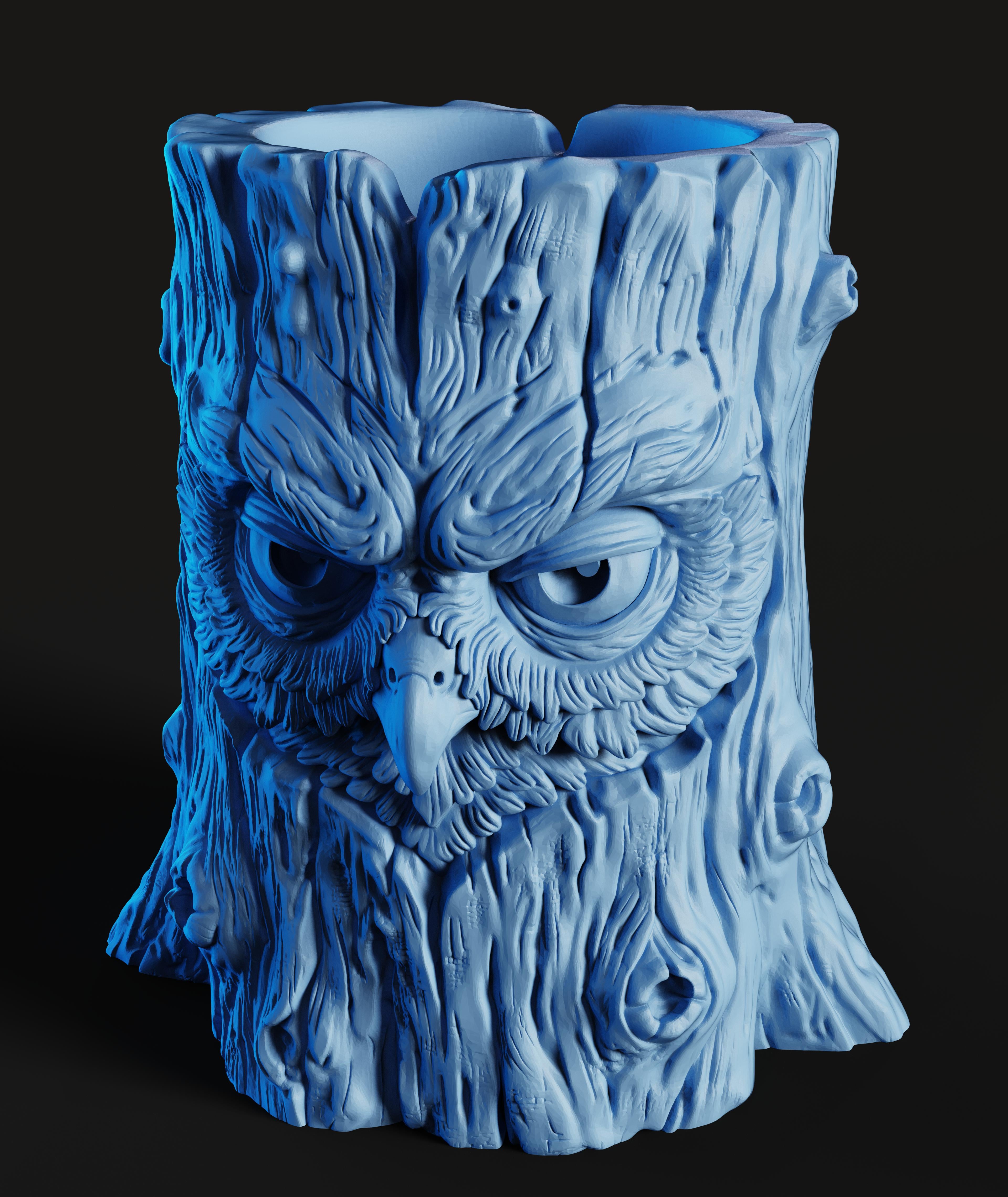 Owl Tree Stump Planter STL | Decor 3D Print | Textured 3d model