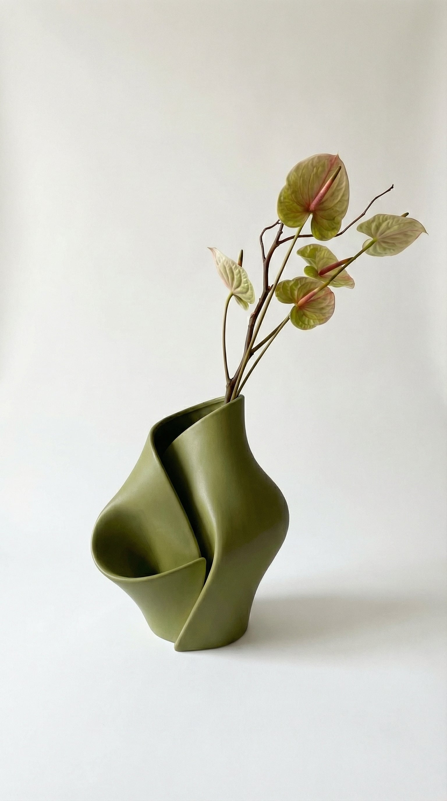Modern Organic Sculptural Vase - Fluid Geometric Folded Decor - 3D Printable Olive Green Vessel 3d model