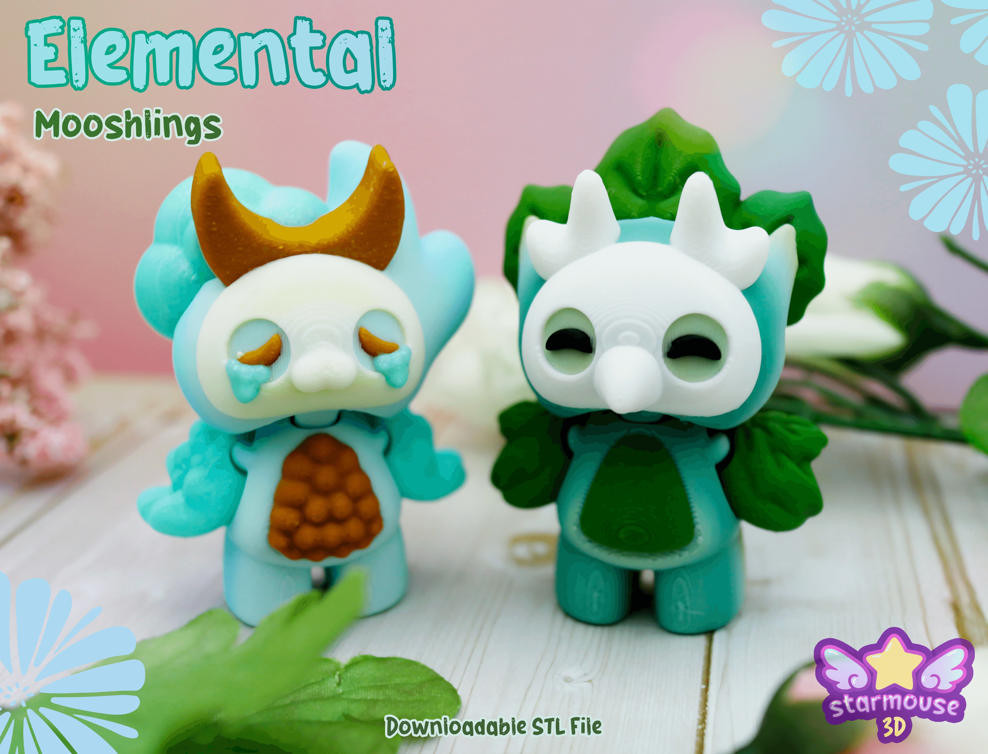Elemental Mooshlings Flexis (Earth/Leaf, Water/Moon, Fire/Sun) 3d model