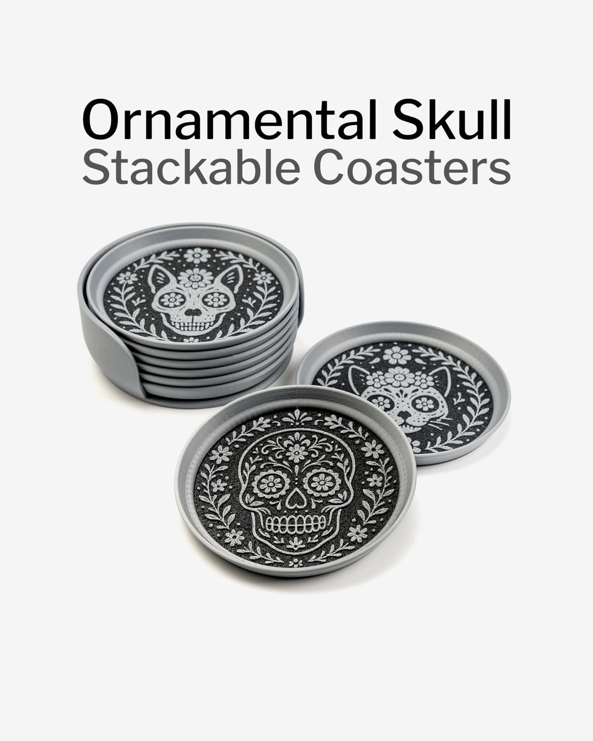 Stackable Coasters Ornamental Skull Stackable Coasters - 3D model by Bamingo Design on Thangs