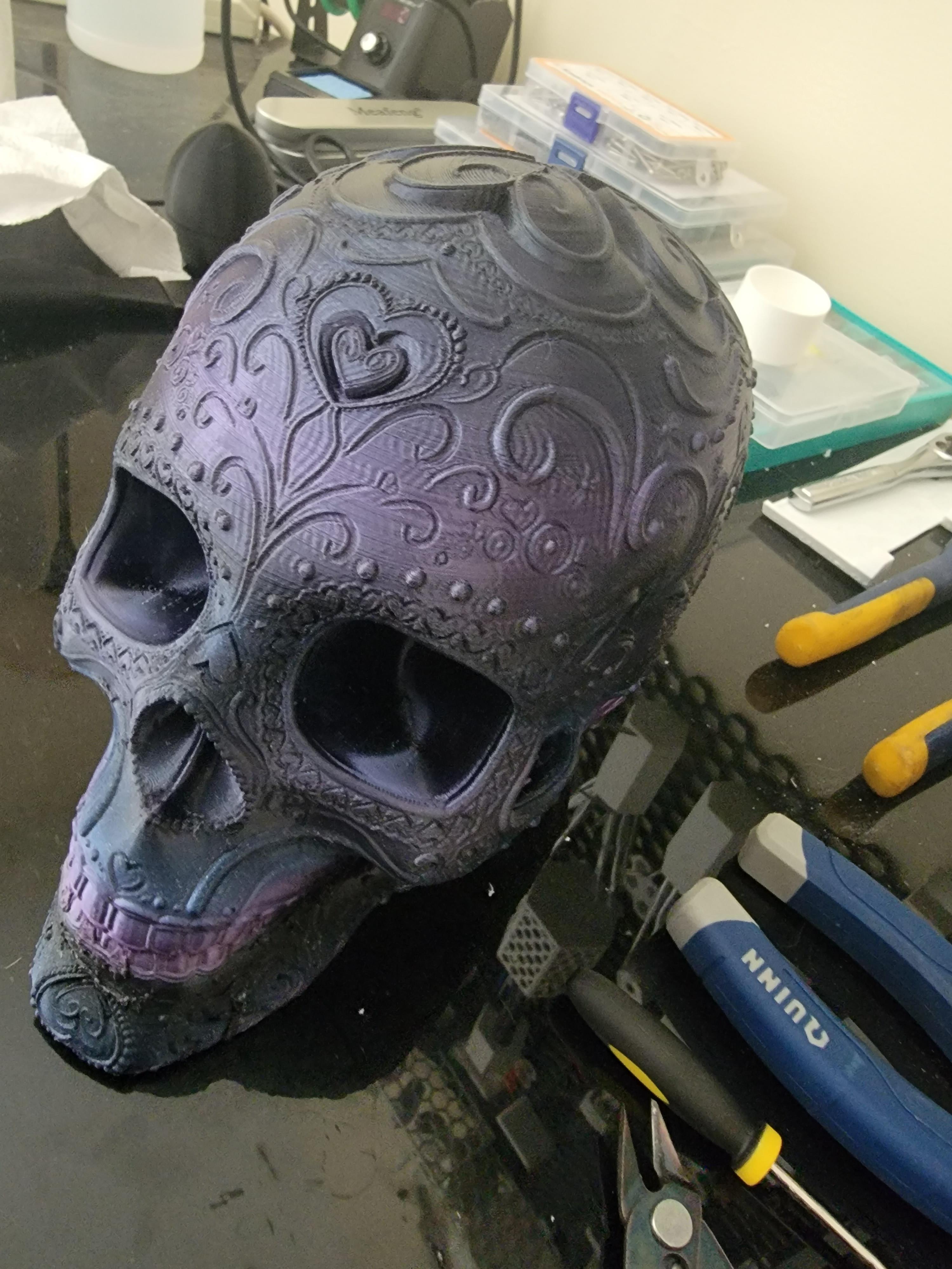 Valentine Sugar Skull - Good print!  Wish I would have dialed back some of the supports do to the intricacies of the surface, but wasn't bad at 100% scale. - 3d model
