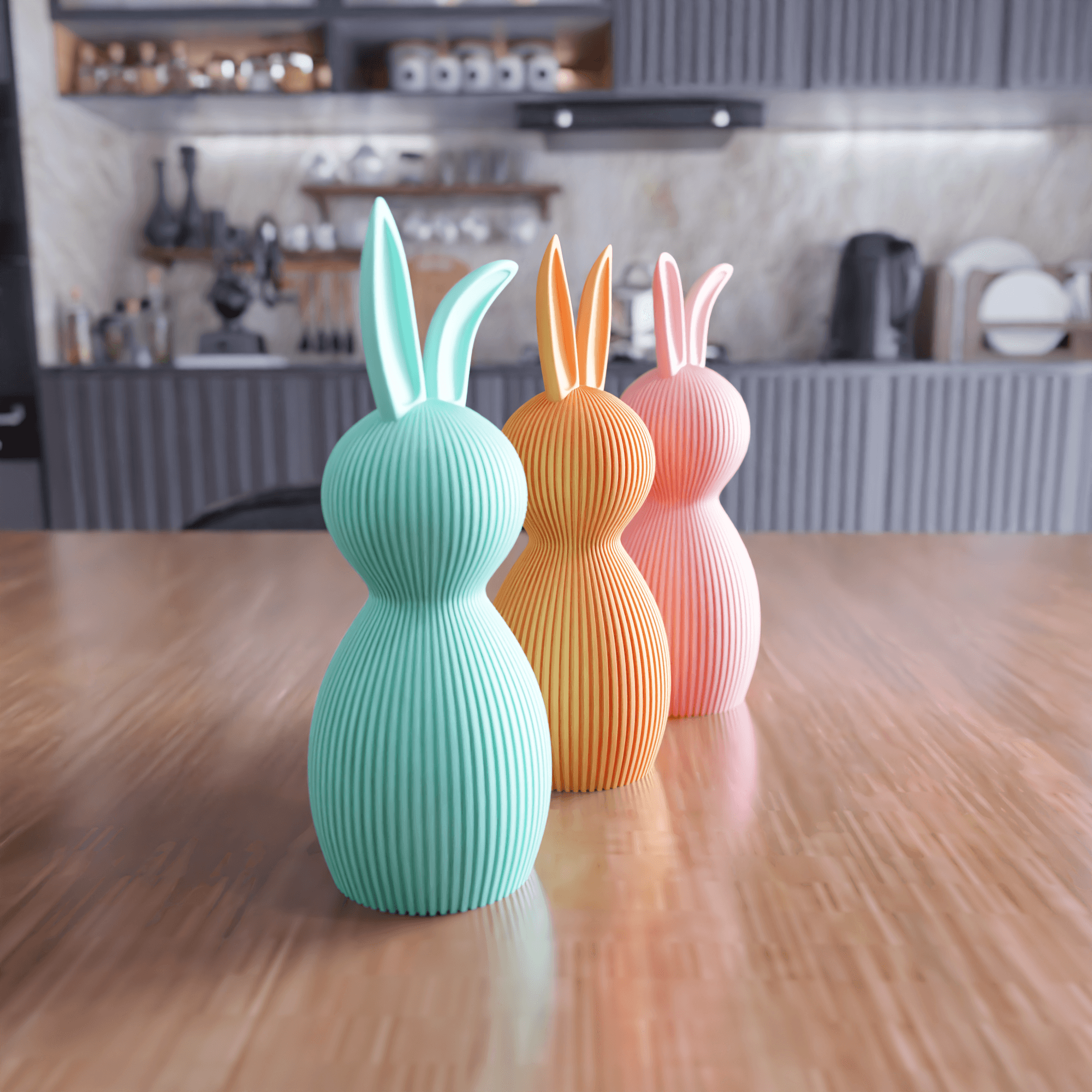 Ribbed Easter Bunny Figure Set - Spring Table Centerpiece 3d model