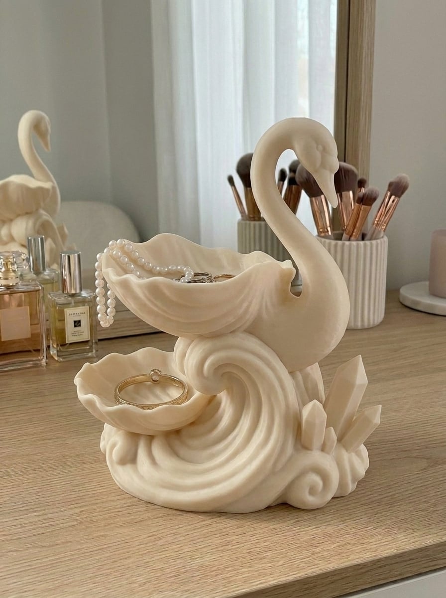 Elegant Swan and Shell Jewelry Tier – Biomorphic Crystal Catchall 3d model