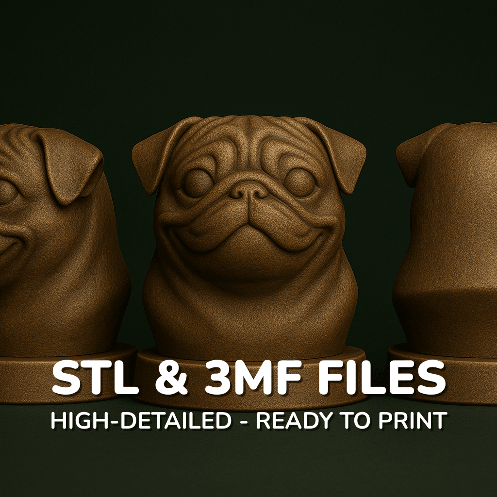 Pug Dog Bust, STL File, 3MF File, 3D Printable Dog Statue, Pet Memorial Download 3d model