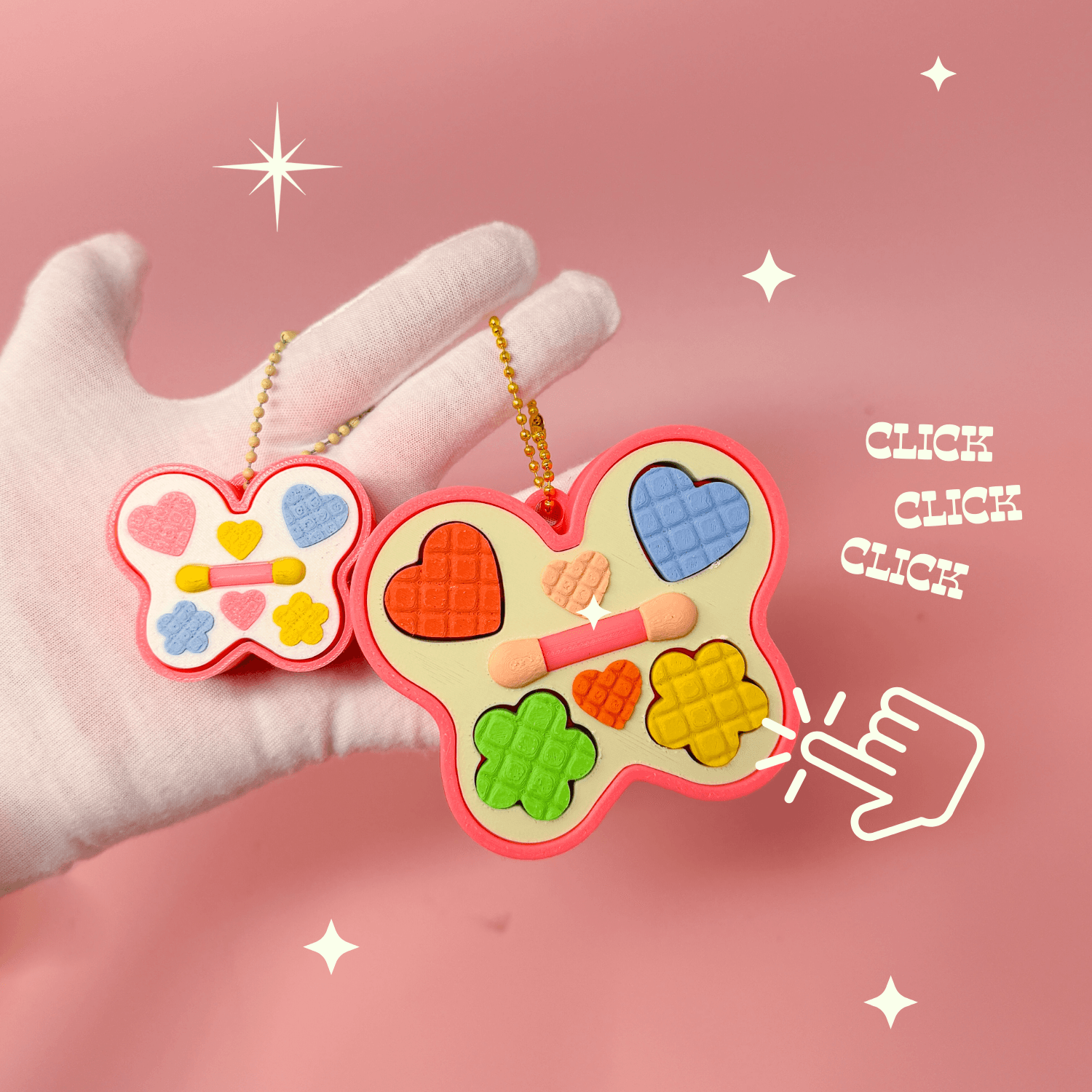 Retro 90s Butterfly Eyeshadow Palette Fidget Clicker Keychain - Colorful Heart Flower Makeup Compact 3d model