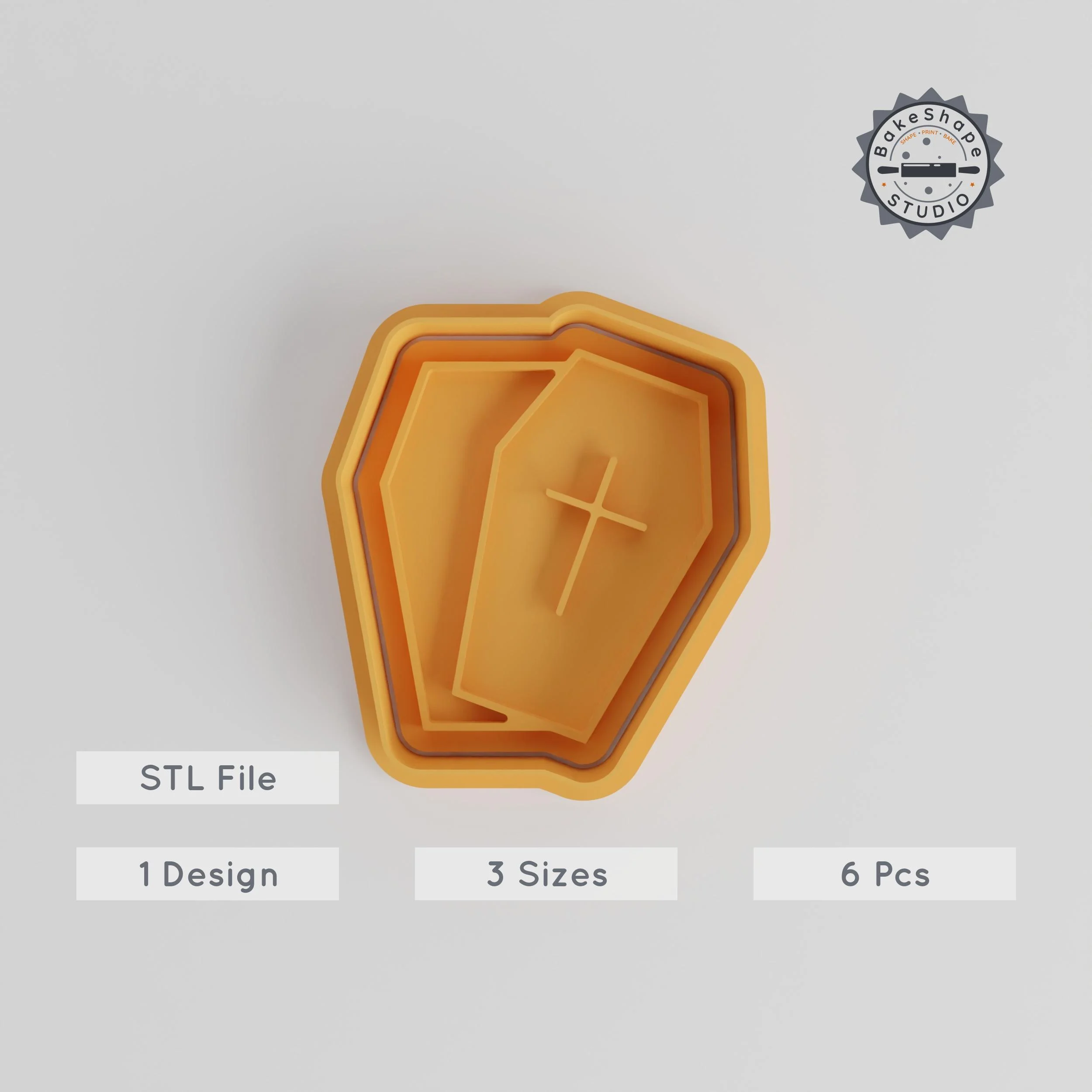 Coffin Shape Cookie Cutter & Stamp Set, Perfect for Cookies & Fondant, Halloween Casket Design, 6-Piece Set, Small to Large Sizes PRODUCT_4862 3d model