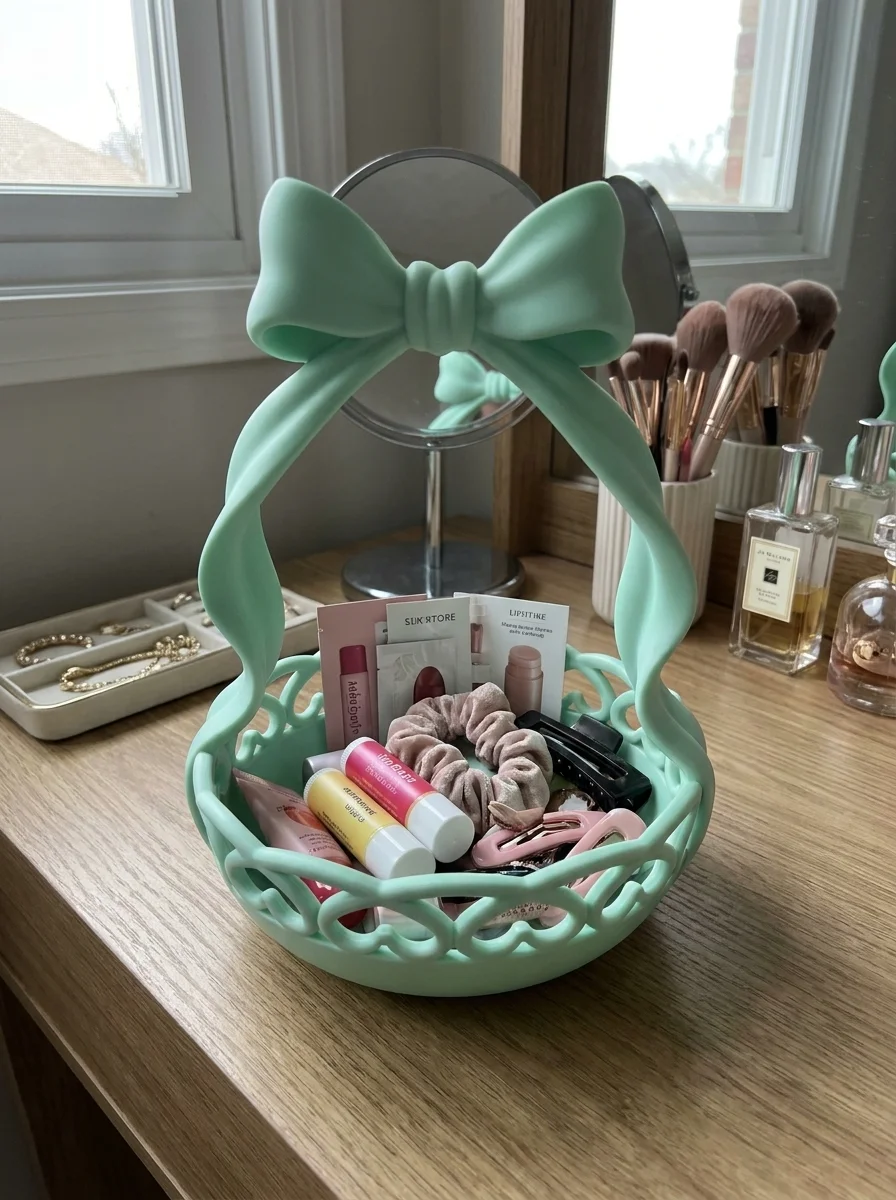 Coquette Bow Basket Vanity Organizer – Aesthetic Sculptural Catchall Tray 3d model