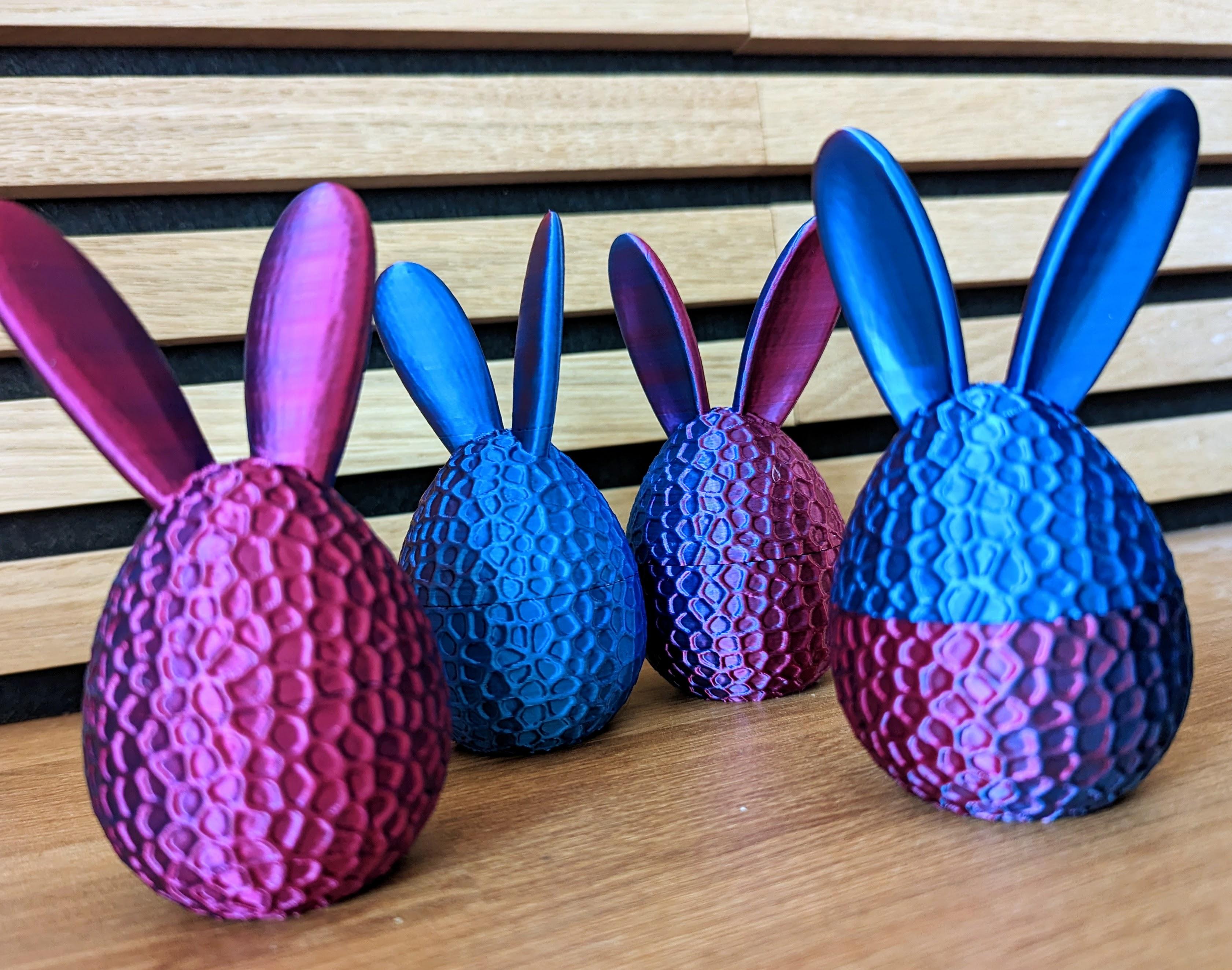 Egg Bunny Gift Pot - Printed with https://www.3djake.uk/3djake/magicpla-deep-space

Printing tip, if you use one of these rainbow filaments.  Do NOT rotate the bottom/top parts.  Import and print as is, then the colours will align.  The right print I rotated the top, and the colours do not align - 3d model