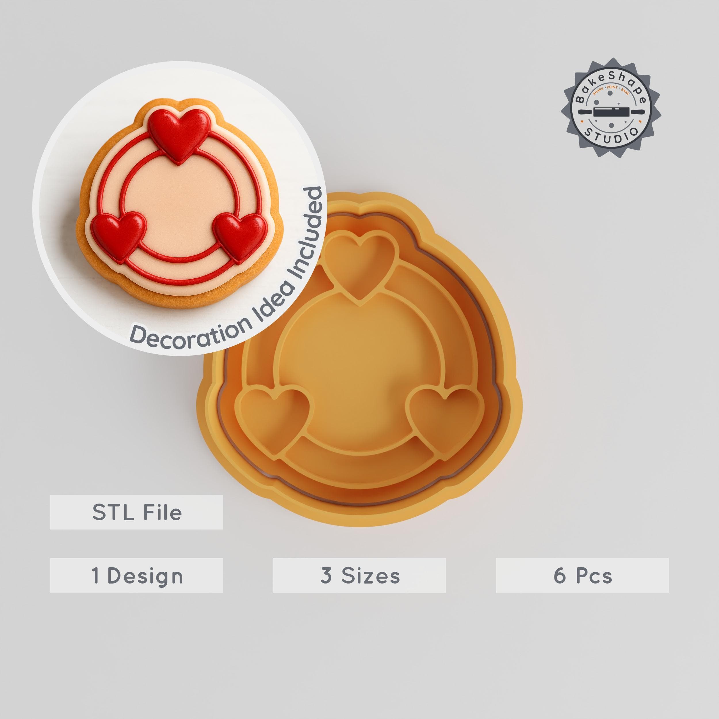 Heart Shape Cutter & Stamp Set, Perfect for Cookies & Fondant, 3 Sizes, 6 Pieces, Romantic & Passionate Design PRODUCT_193 3d model