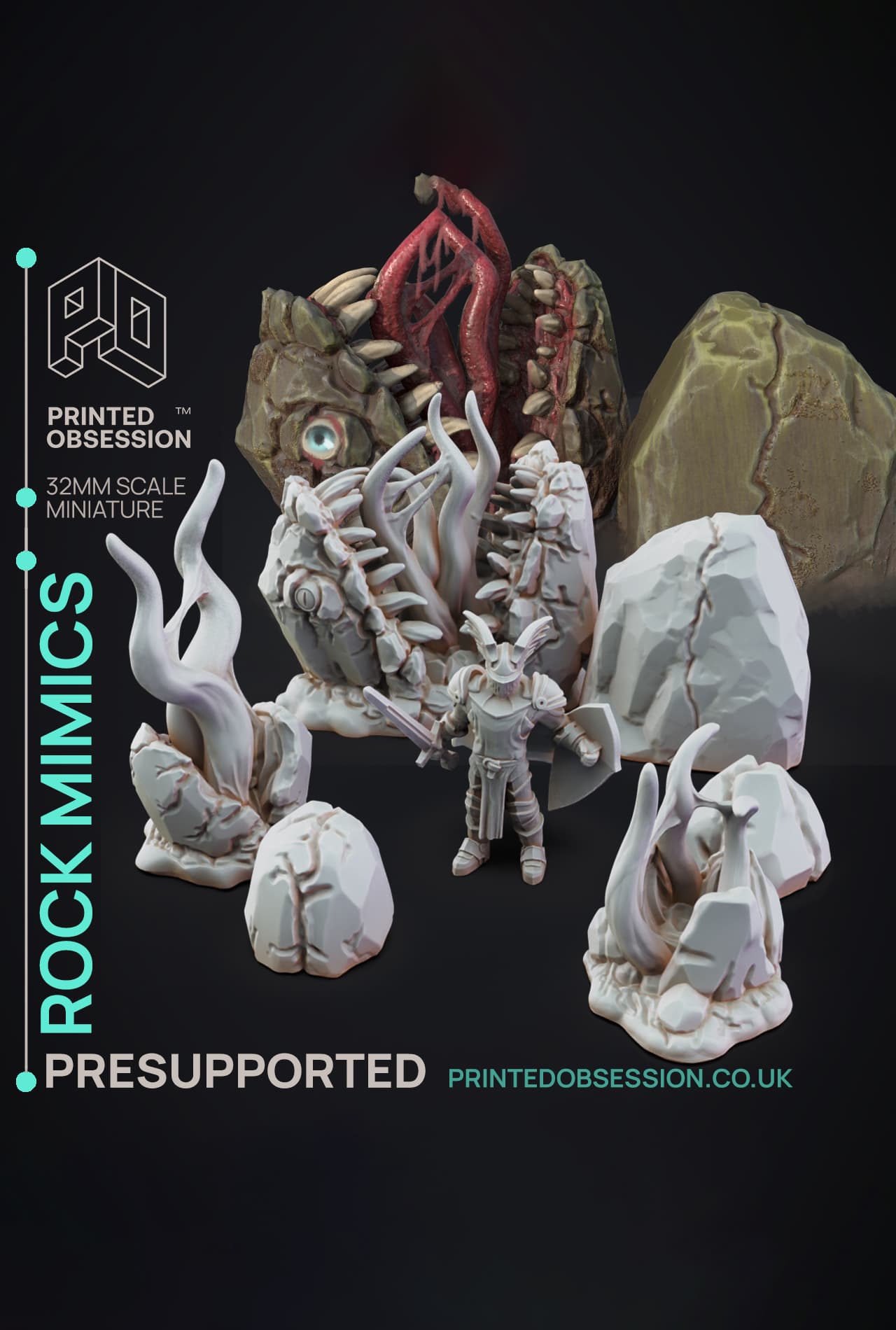Mimic Rocks - 3 Mimics - PRESUPPORTED - Illustrated and Stats - 32mm scale 3d model