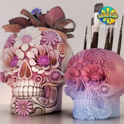 Flower Skull Calavera - Paintbrush Holder & Flower Pot - No Supports 3D Print STL/3MF 3d model