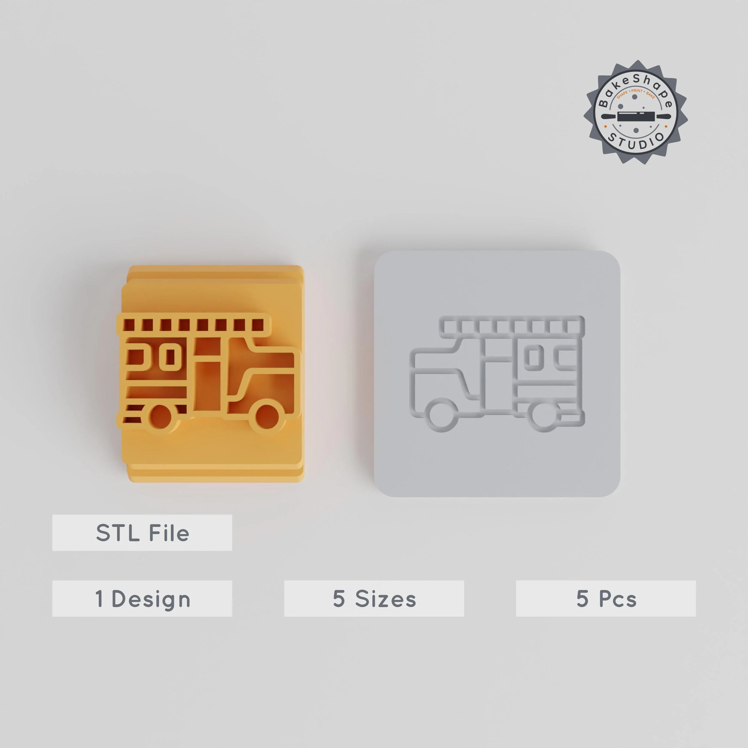 Fire Truck Stamp Tile Set, 5 Motif Sizes, Ideal for Clay, Cookies & Fondant, Emergency Vehicle Design, 3D Print STL Collection PRODUCT_3319 3d model