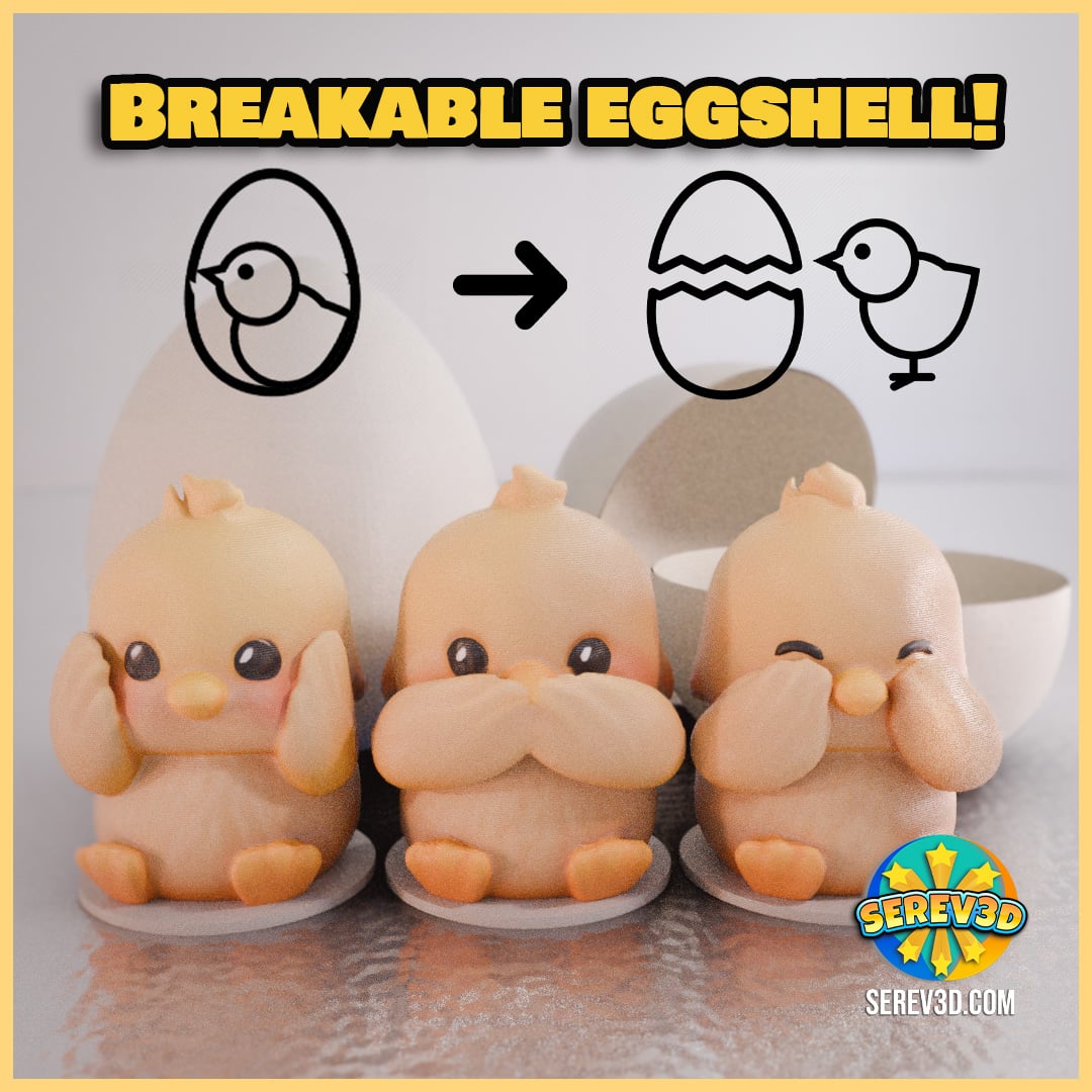 Three Wise Baby Chicks - Easter Breakable Egg Surprise - No Supports 3D Print STL/3MF 3d model