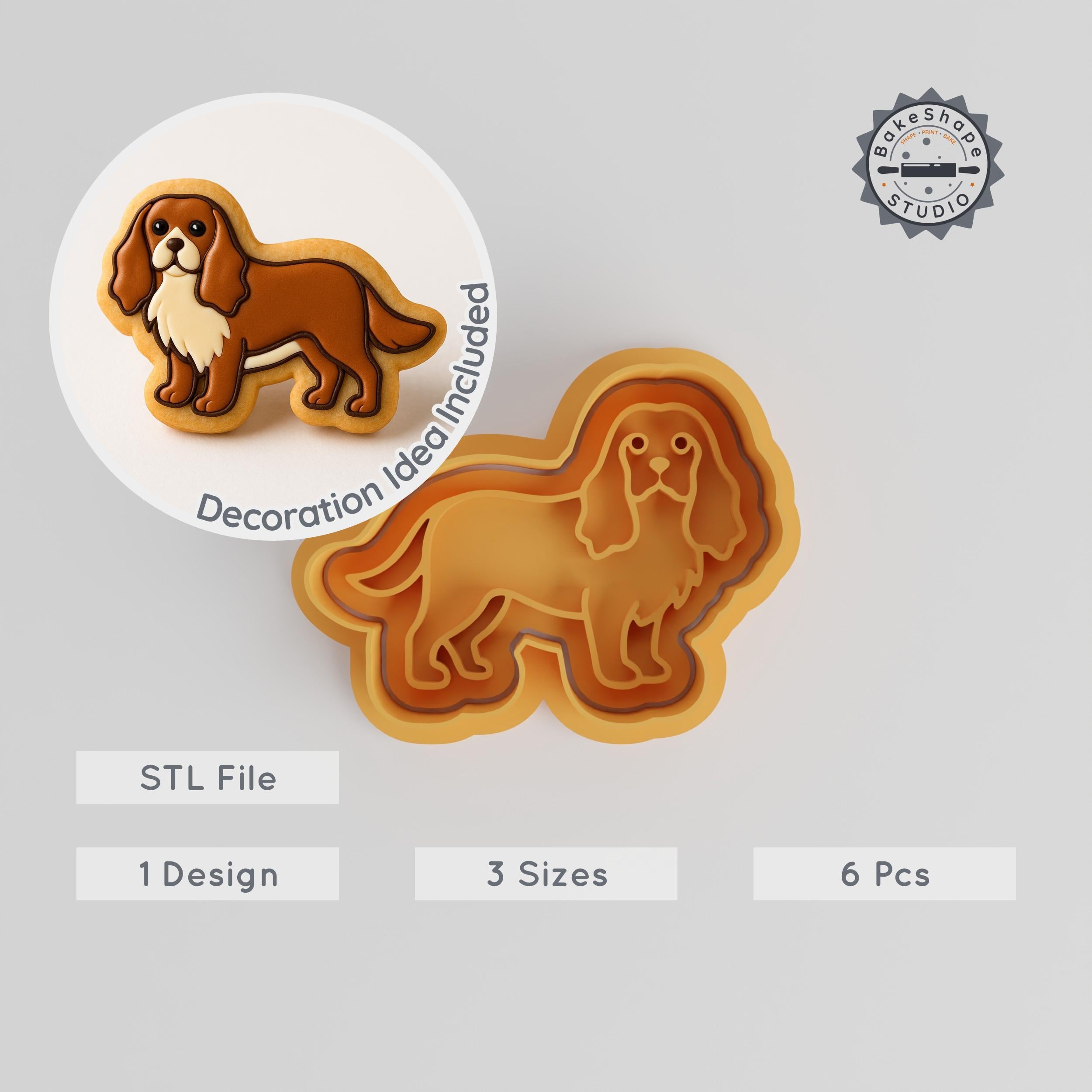 Cavalier King Cookie Cutter & Stamp Set, Spaniel Dog Design, Fondant Decor, S/M/L Sizes, 6-Piece Animal Baking Tool PRODUCT_309 3d model