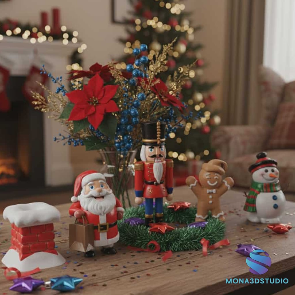 Set of 5 Printable 3D Christmas Decoration Models - Chimney, Santa, Nutcracker, Gingerbread Man, and 3d model